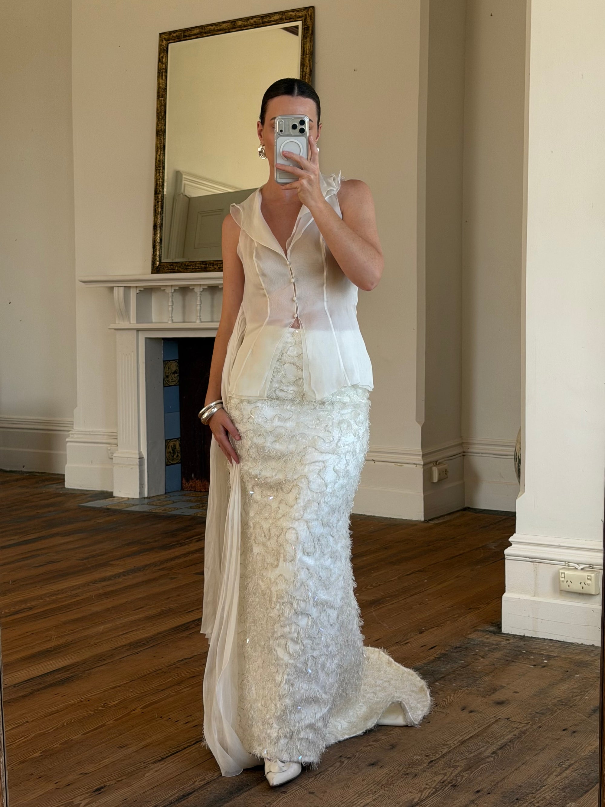 Vintage 90s Italian Organza Tie Top and Feather Skirt Bridal Set