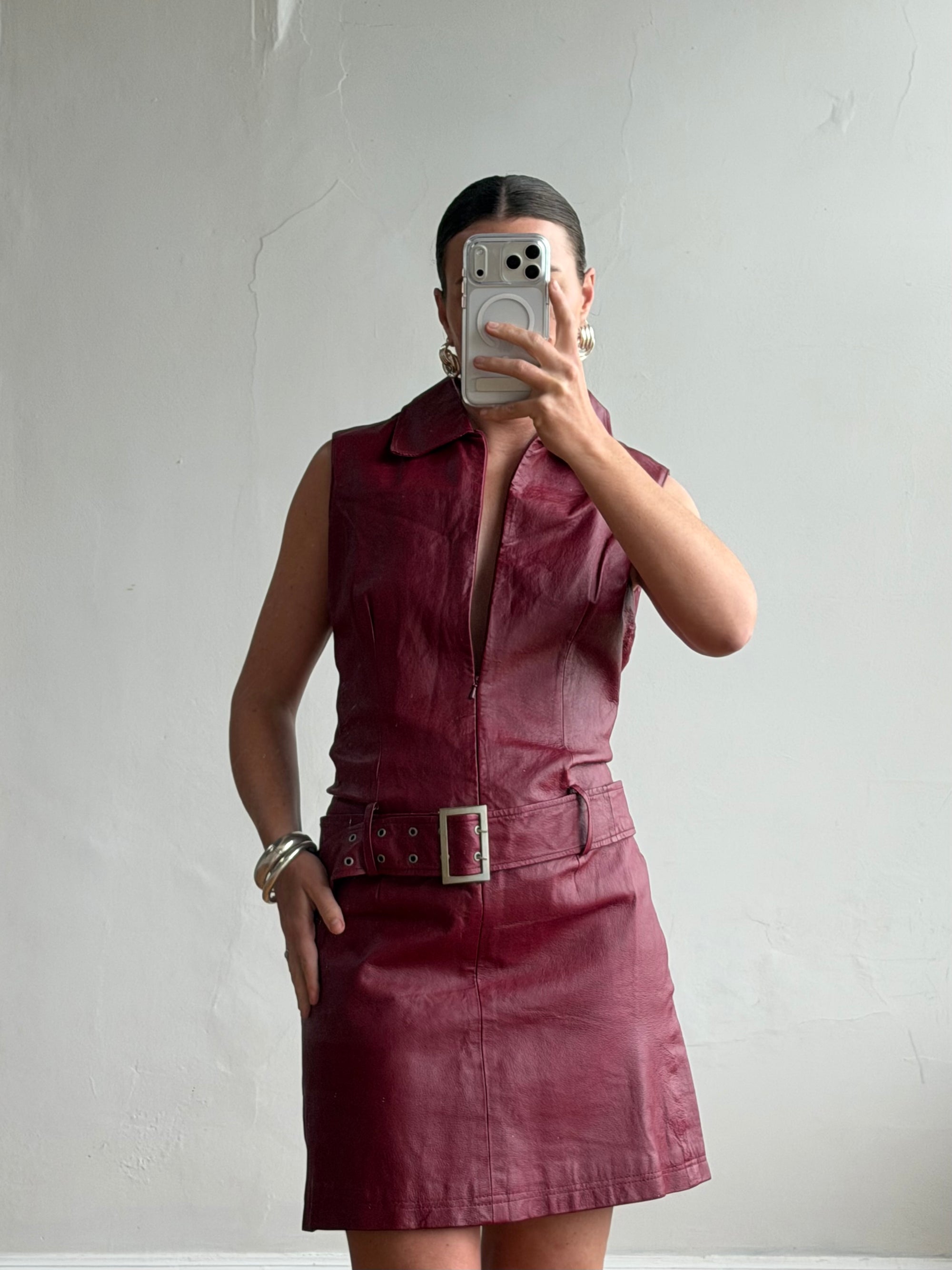 Vintage 90s Burgundy Leather Zip Front Dress
