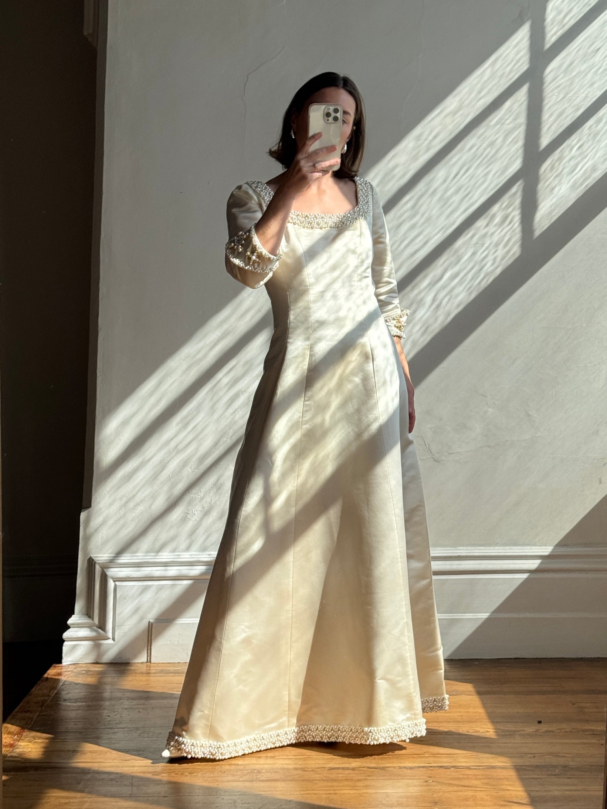 Vintage 90s Pure Silk Satin Baroque Scoop Neck Wedding Gown and Veil
