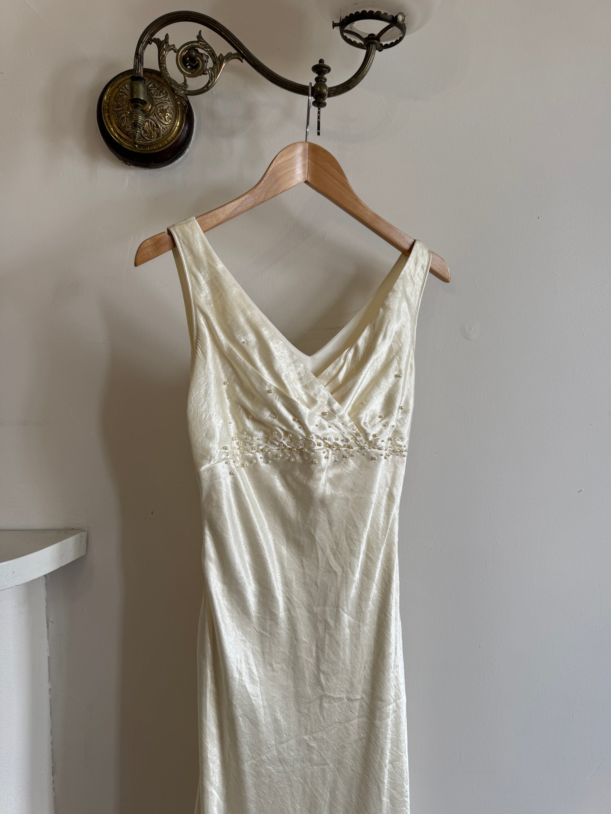 Vintage 90s Pearl Satin Bias Bridal Slip