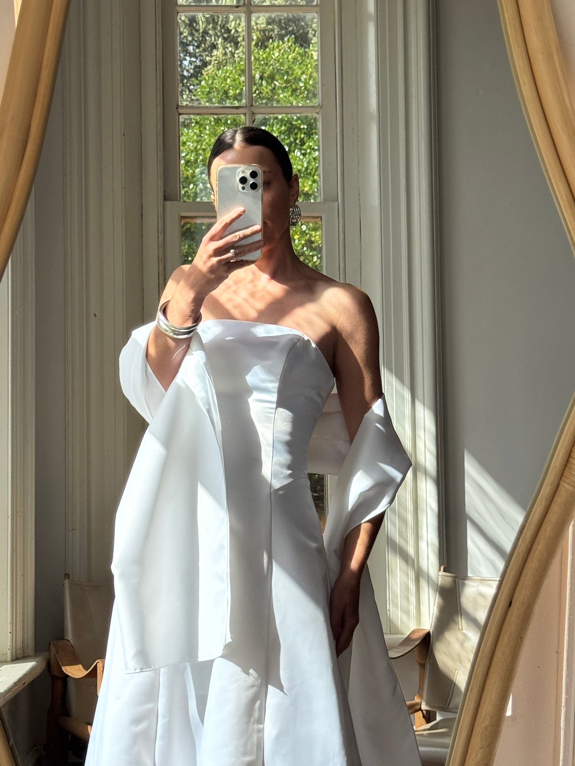 Vintage 90s A-Line Strapless Satin Wedding Dress with Shawl