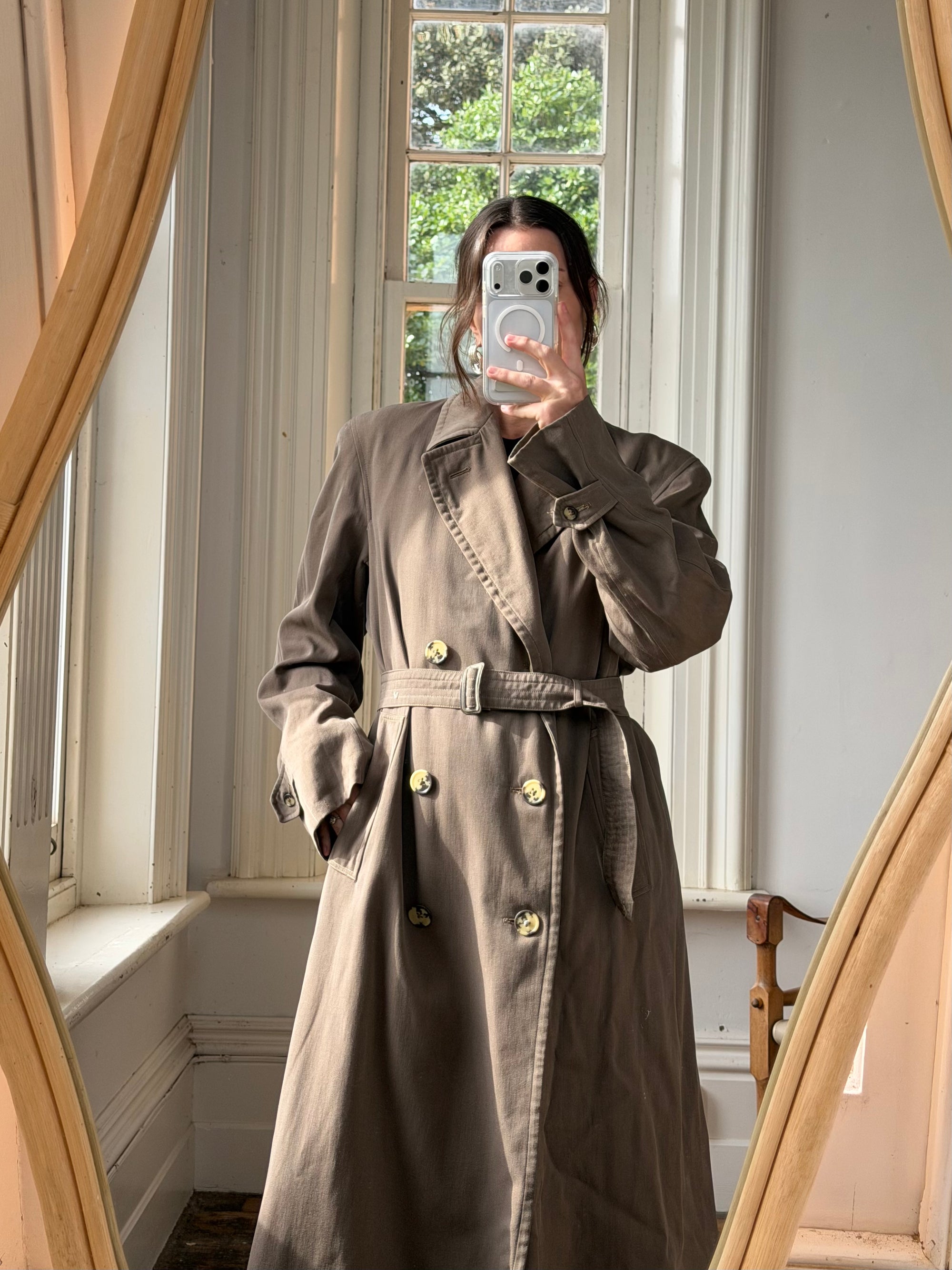 Vintage 70s Showerproof Double Breasted Trench Coat Olive