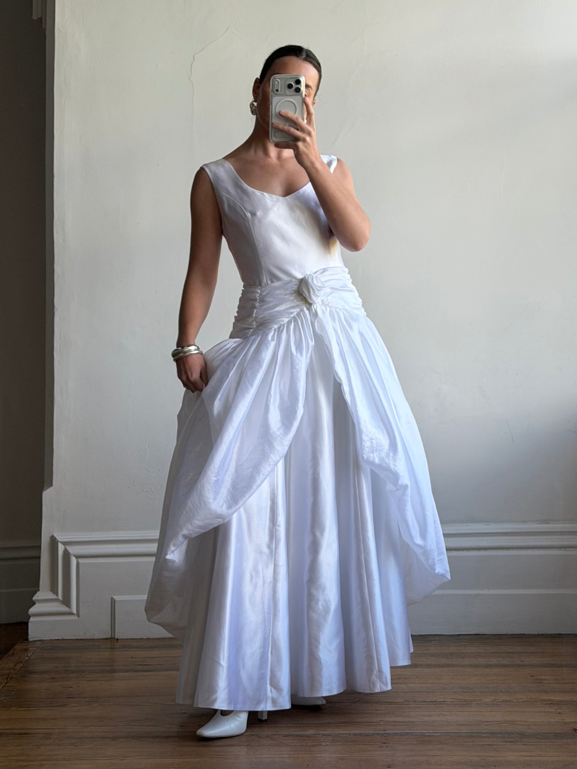 Vintage 90s Strappy Wedding Dress With Rosette Cape Pearl