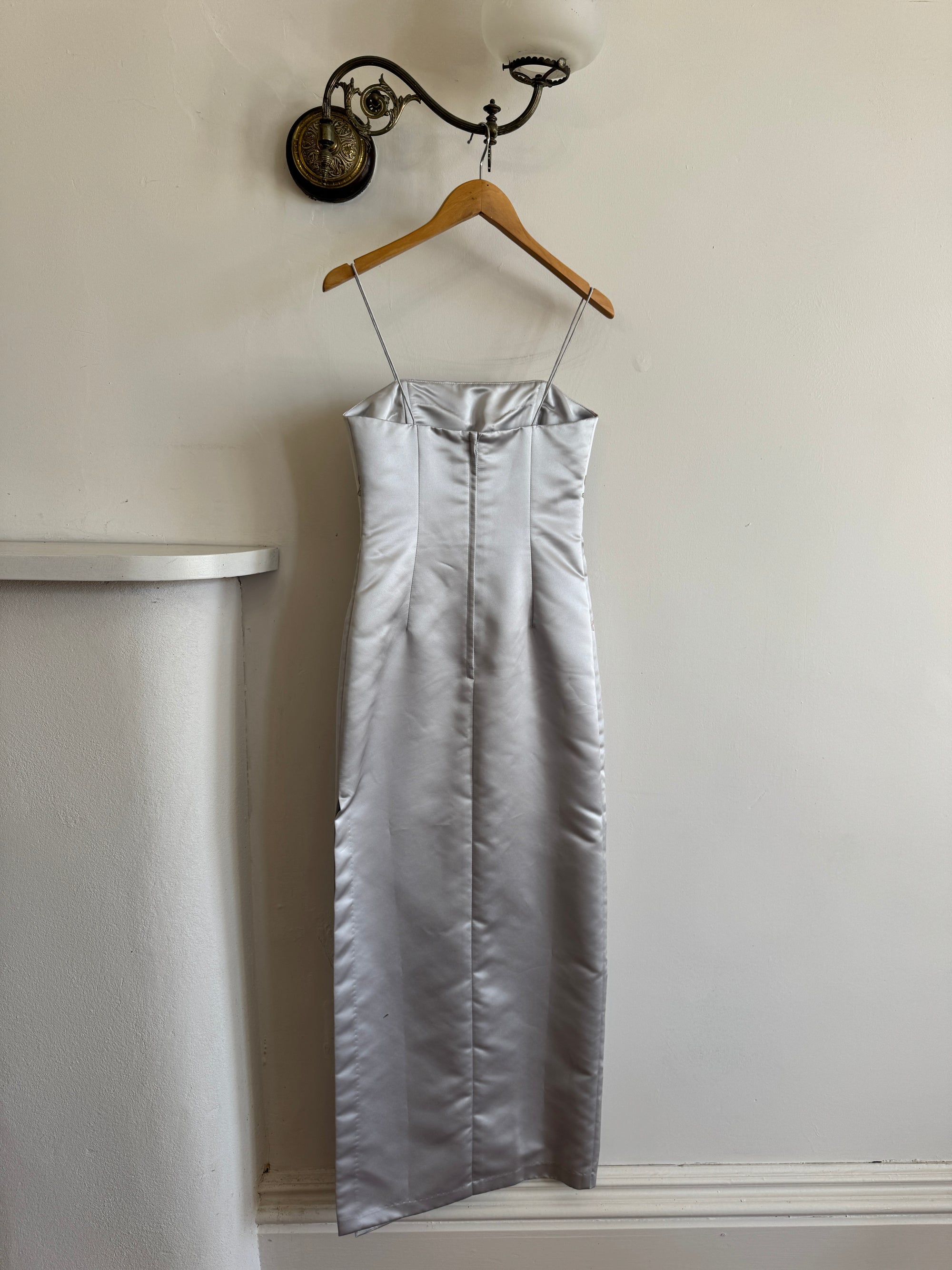 Vintage 90s Baby Blue Satin Embroidered Floral Column Midi
