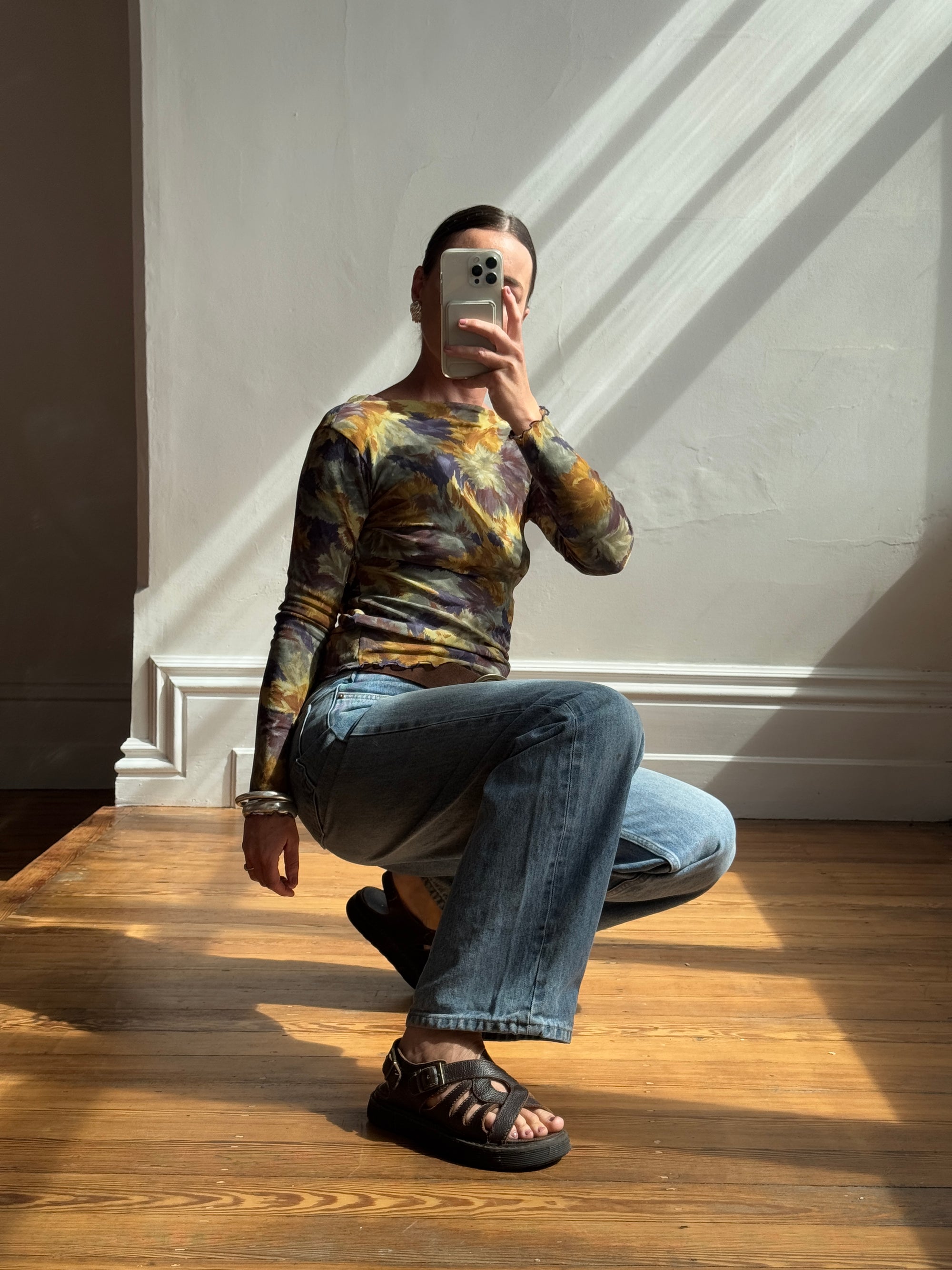 Vintage 90s Floral Mesh Top Navy Gold