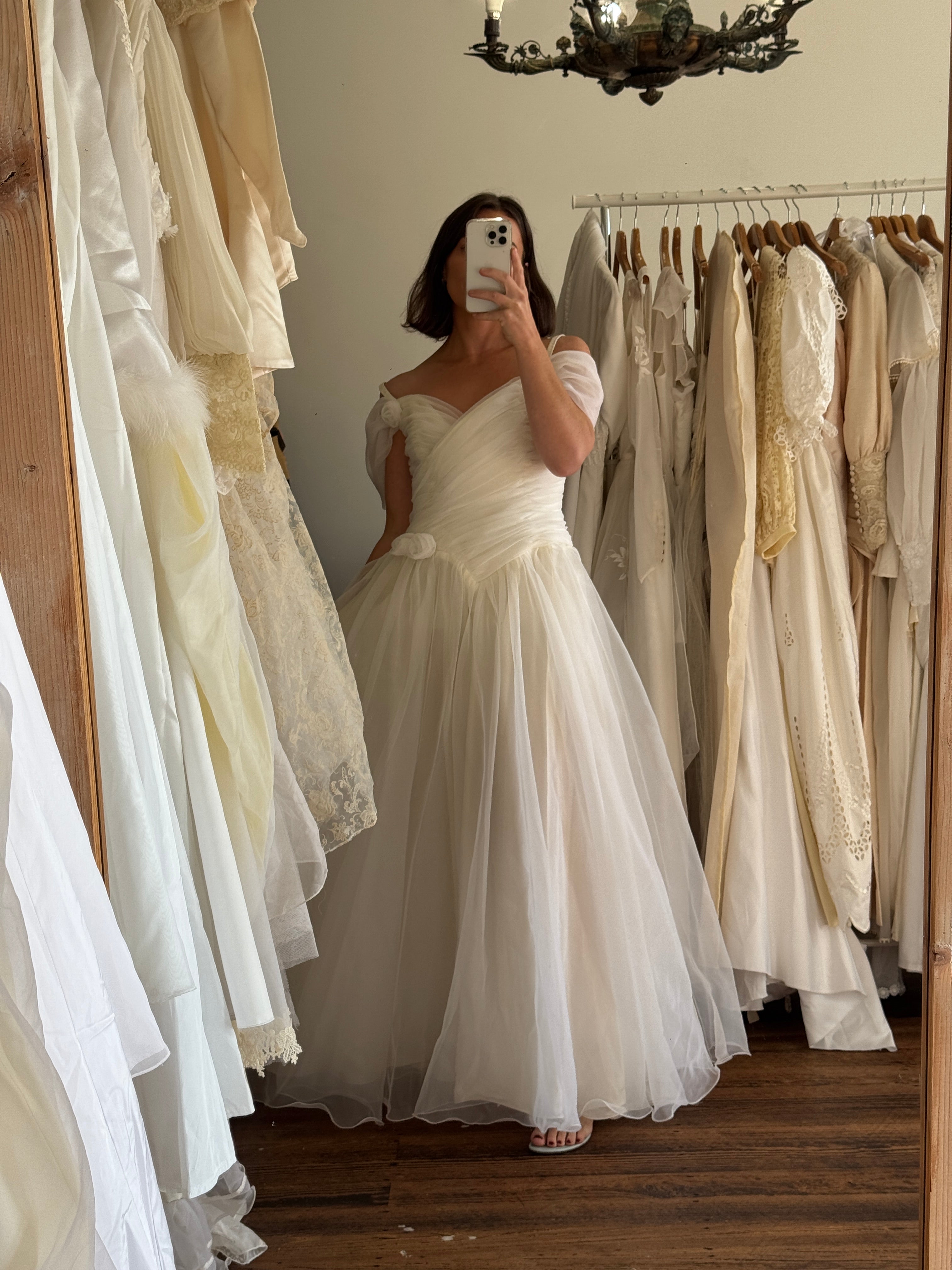 Vintage 80s Chiffon Rosette Off Shoulder Wedding Dress