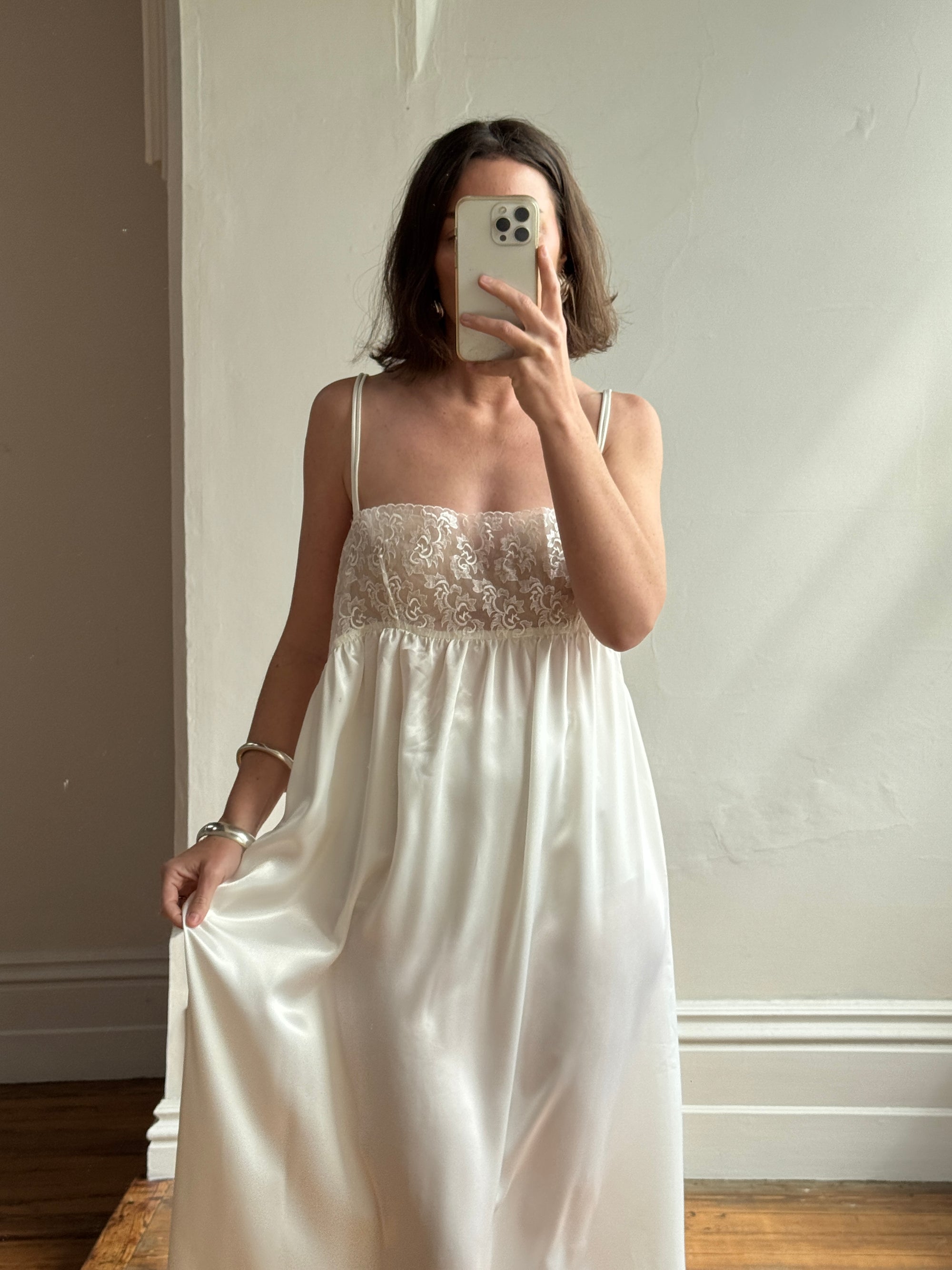 Vintage 90s Christian Dior Babydoll Satin Slip Dress Ivory