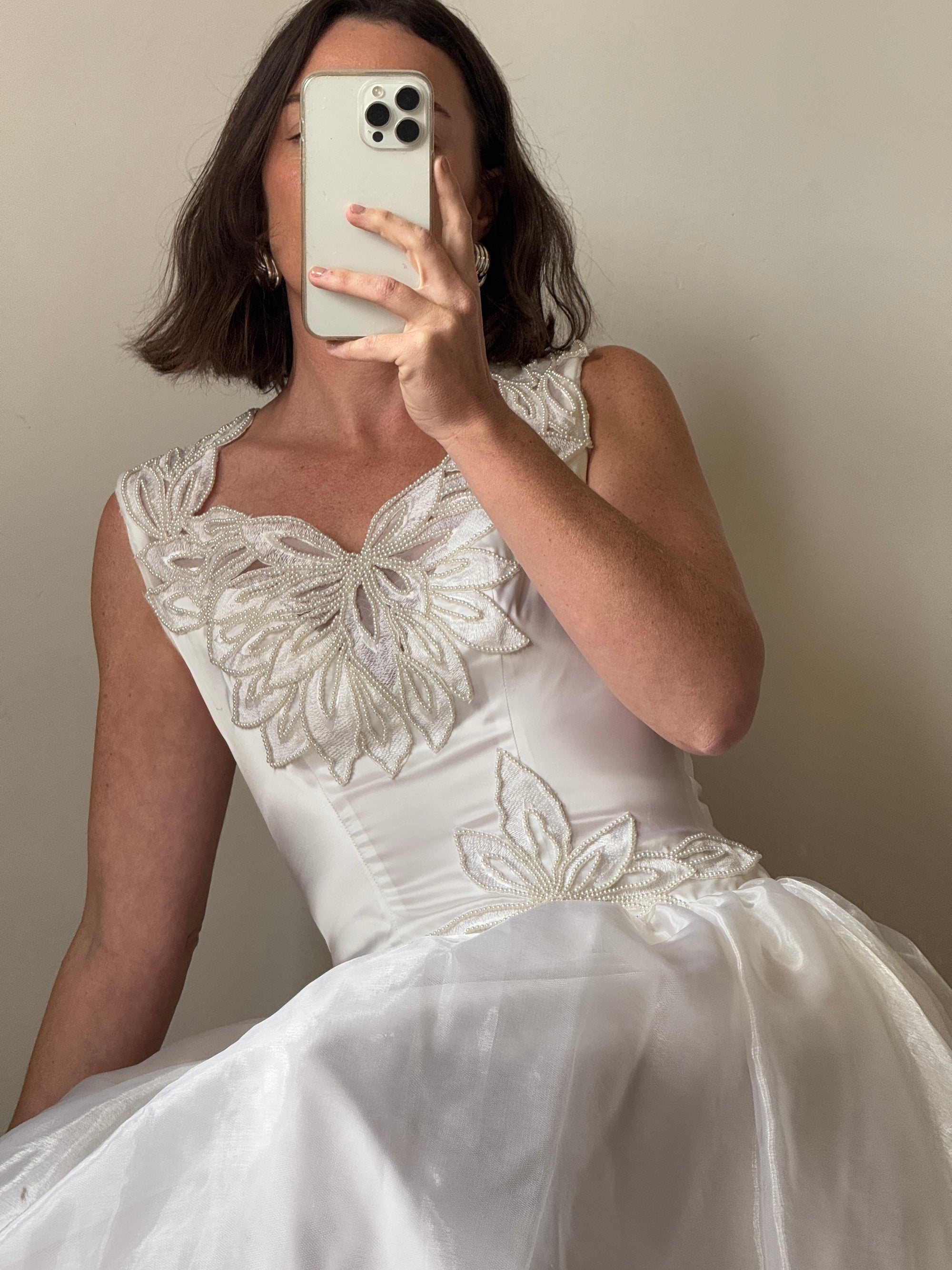 Vintage 80s Pearl Embellished Chiffon Princess Wedding Dress