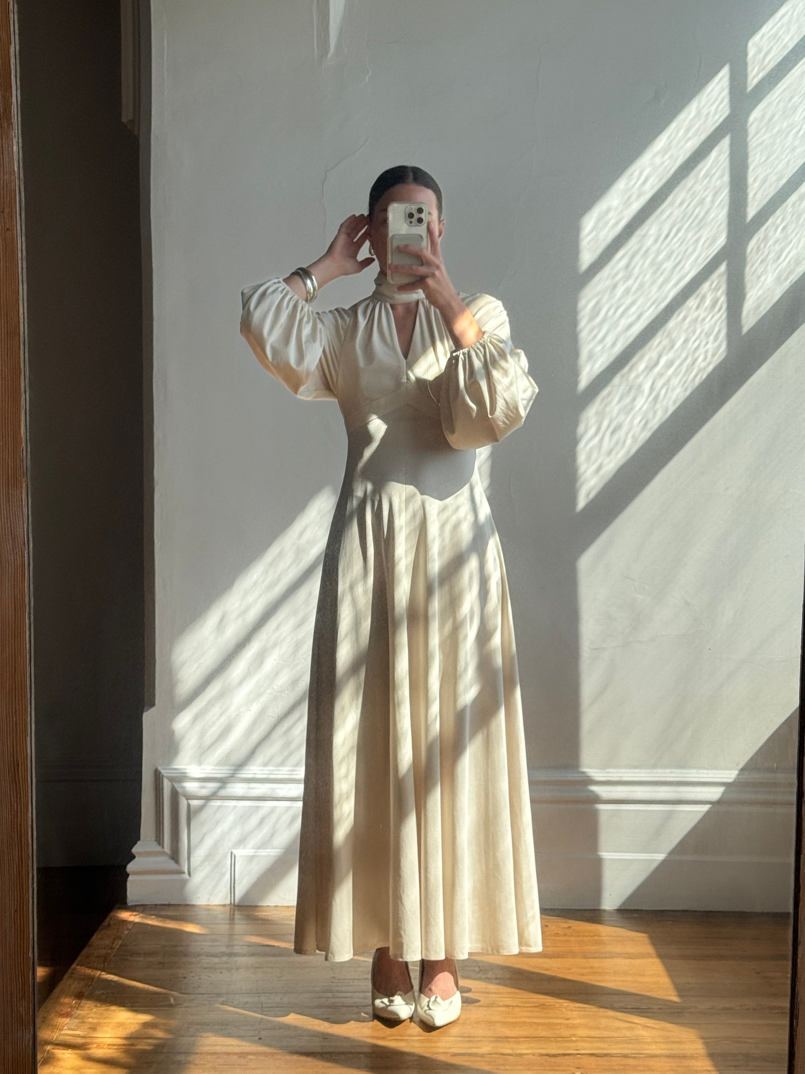 Vintage 70s Jersey High Neck Maxi Dress Creme