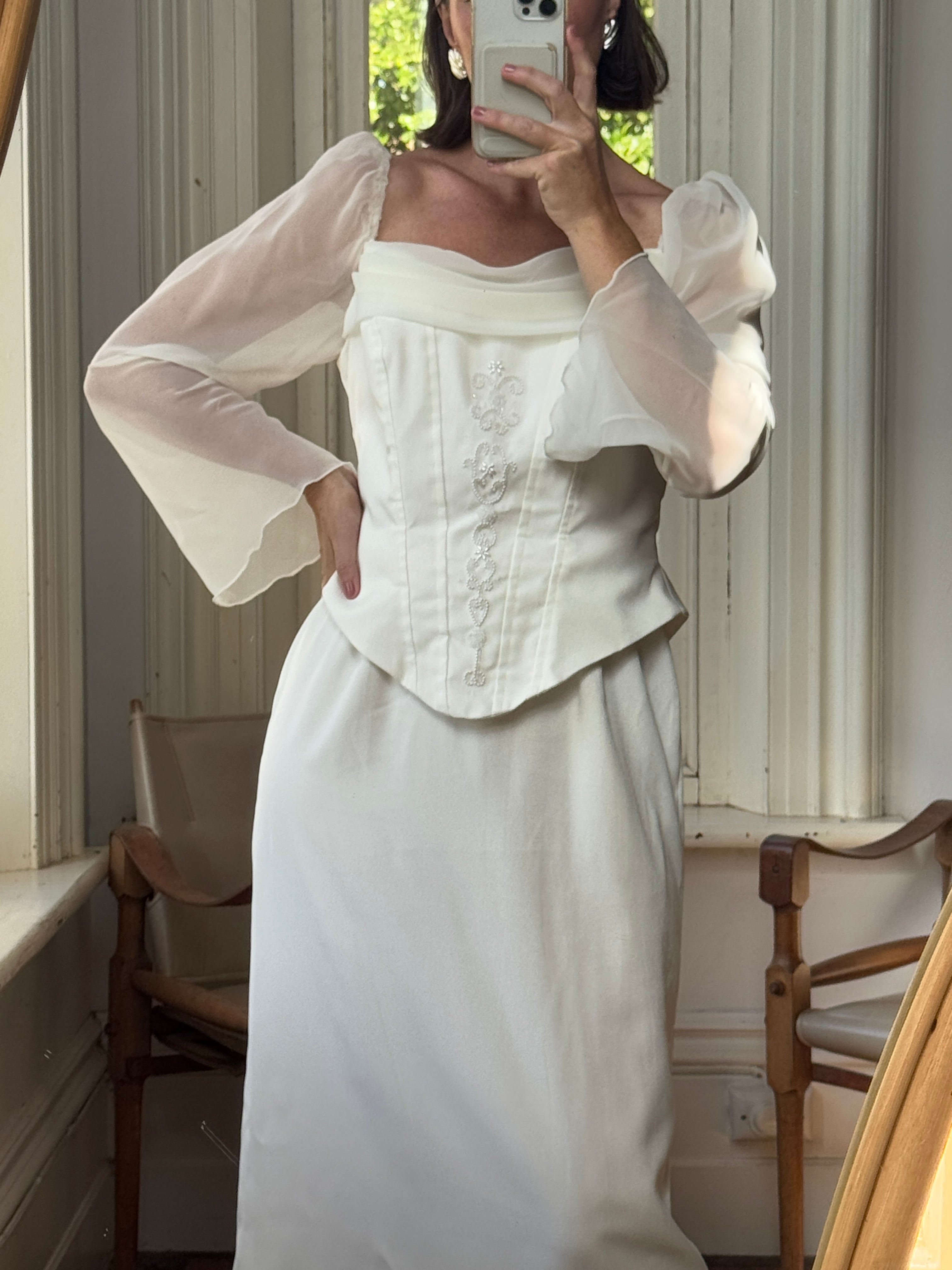 Vintage 80s Chiffon Sleeve Wedding Dress With Corset