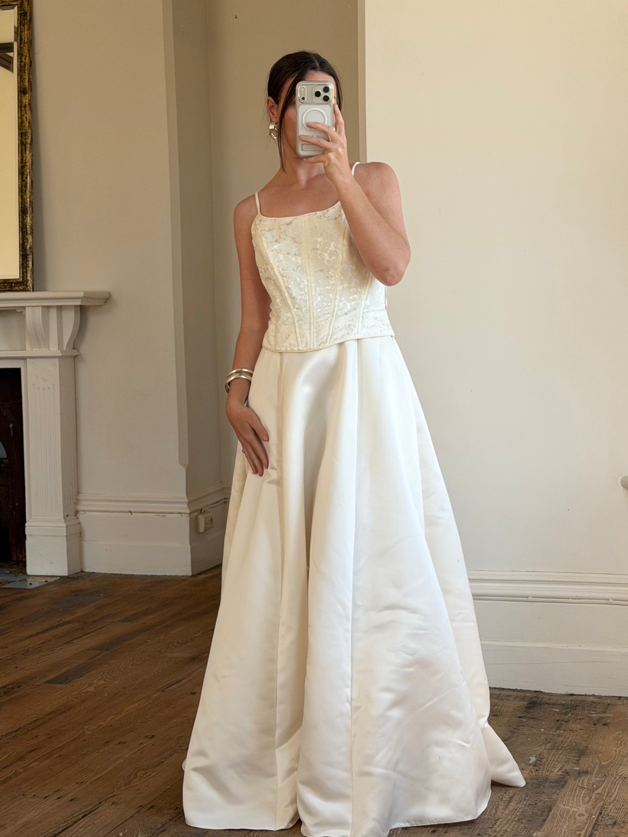 Vintage 90s Brocade Corset Satin Bridal Gown Champagne