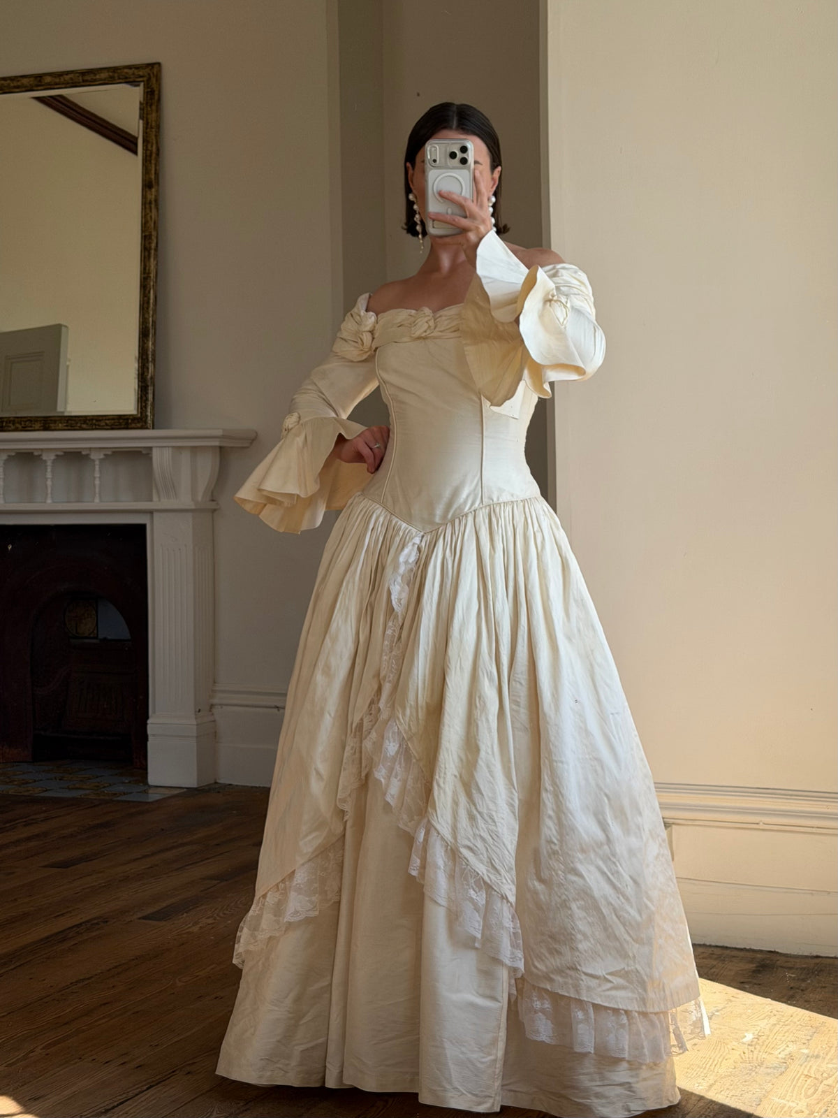 Vintage 90s Silk Dupion Off Shoulder Rosette Bridal Ballgown