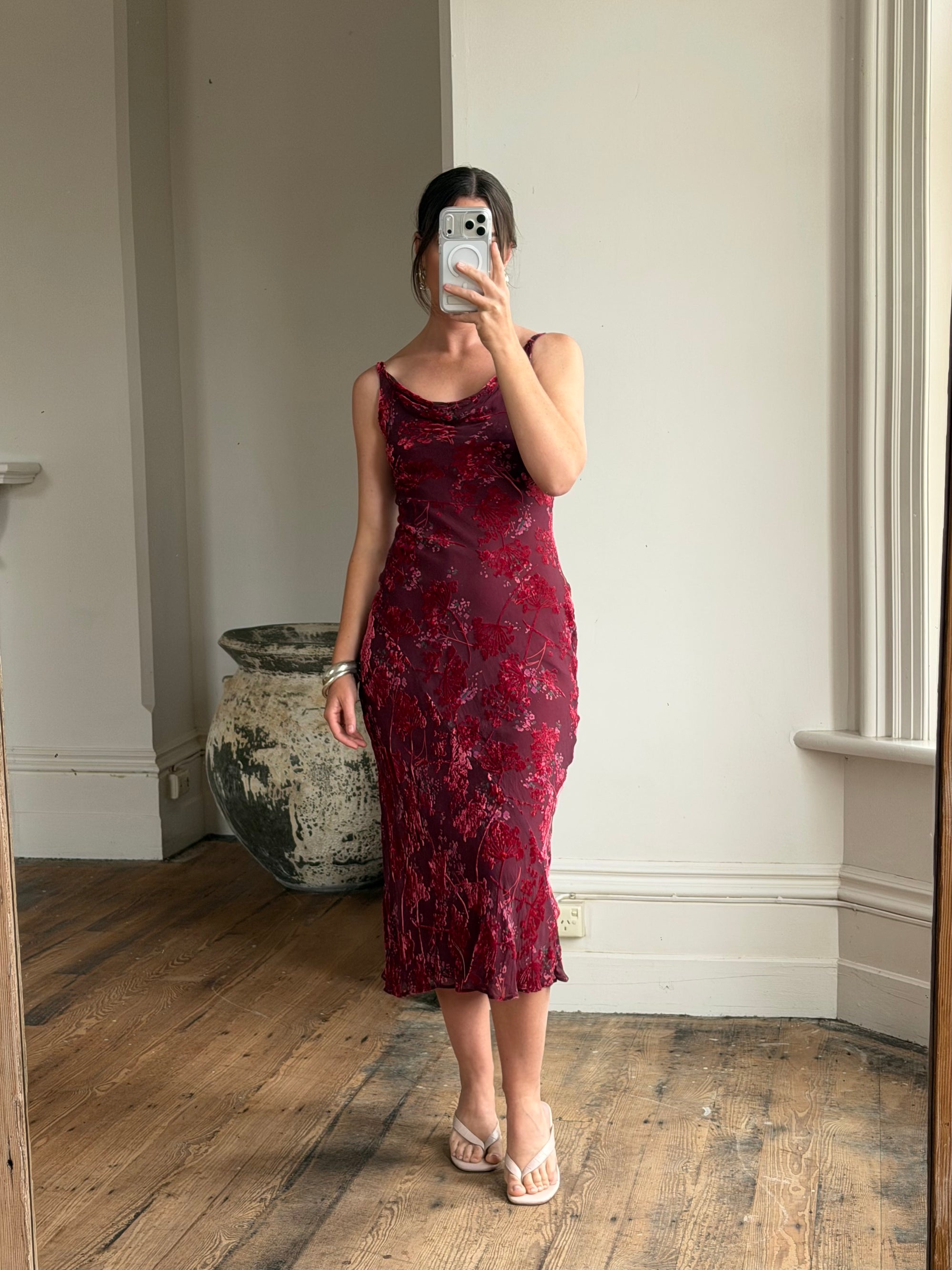 Vintage 90s Burnt Velvet Cowl Neck Dress Plum