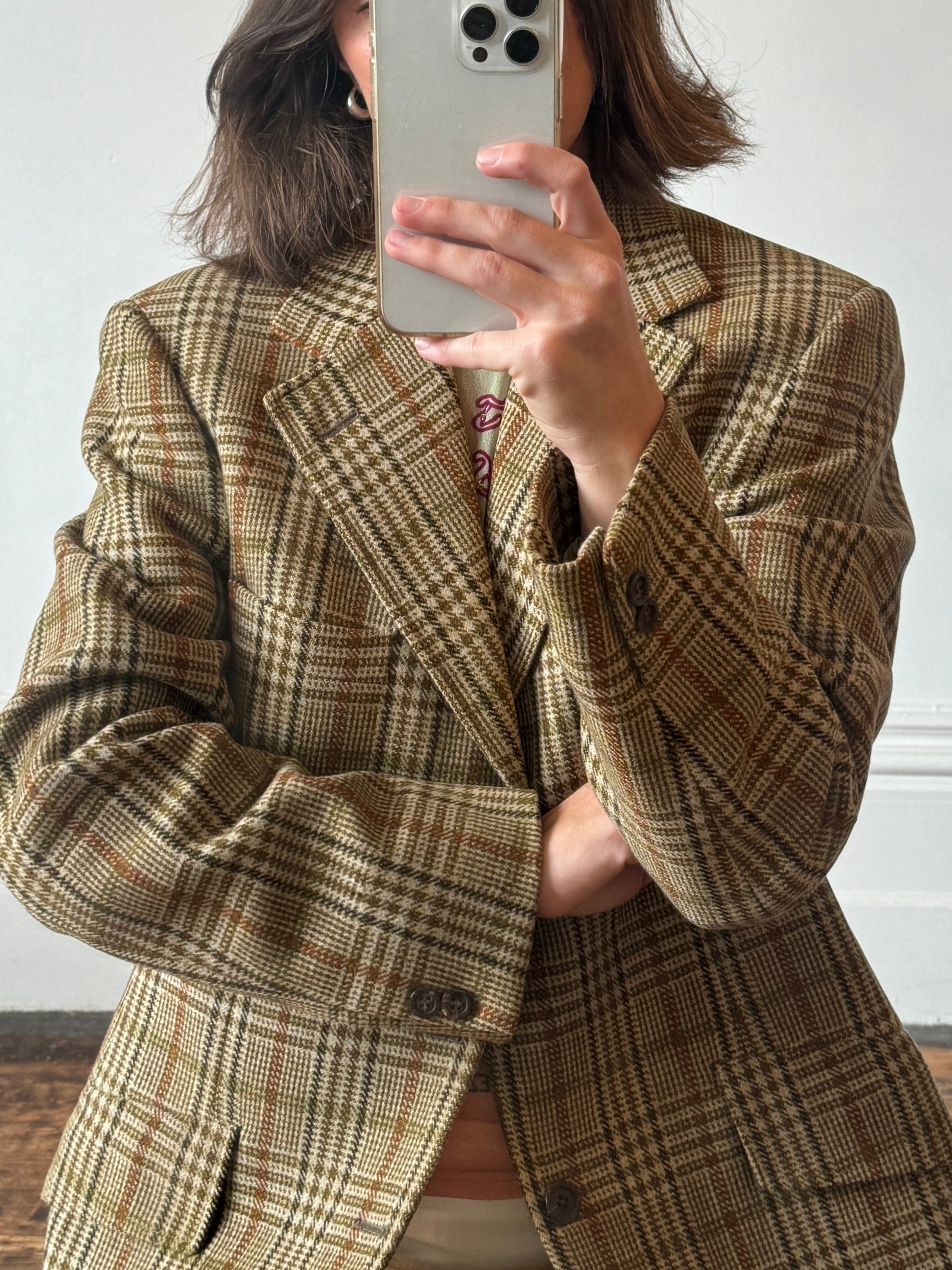 Vintage Aquascutum Olive Gingham Wool Blazer