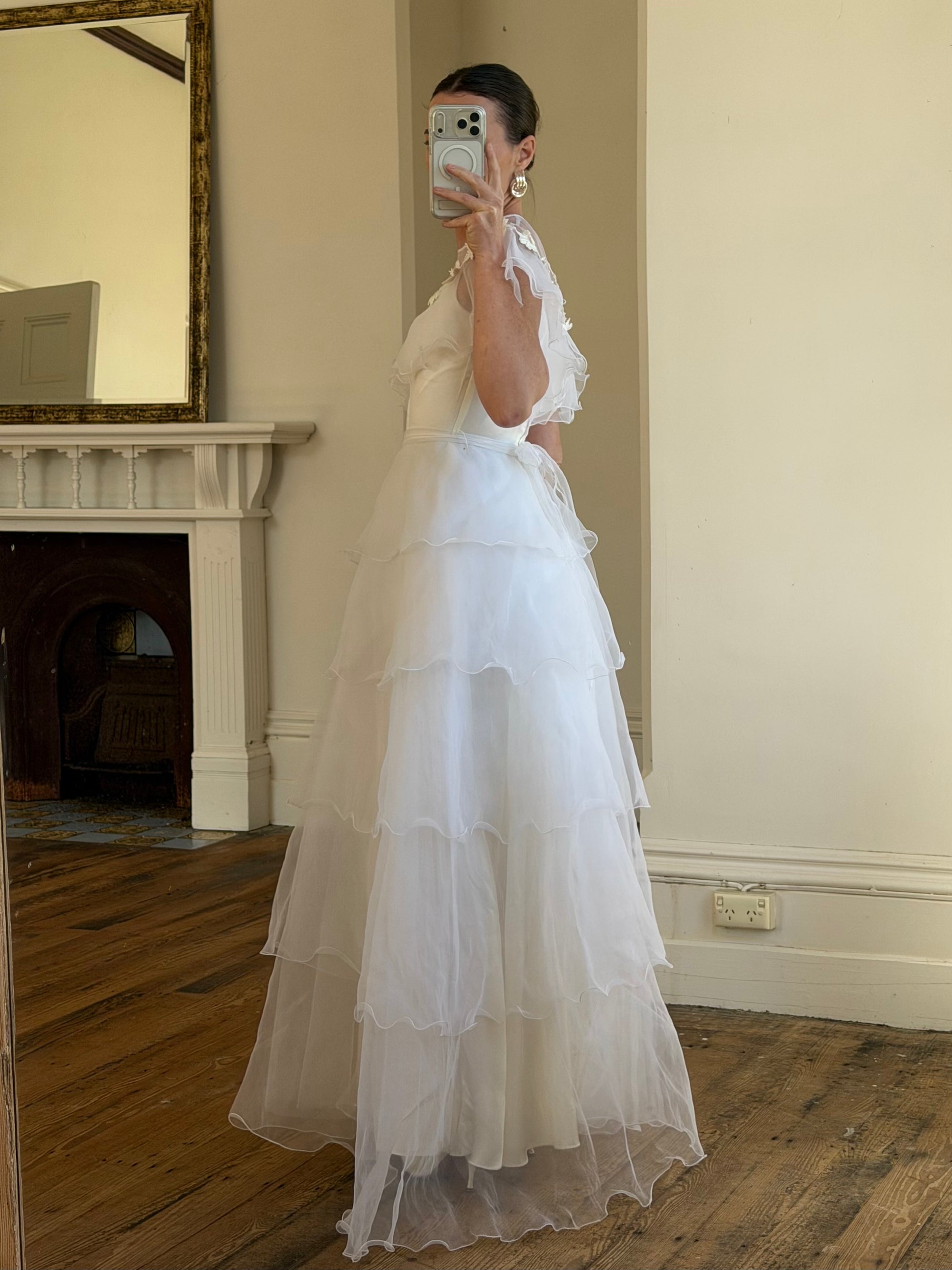Vintage 70s Tiered Organza Prairie Daisy Wedding Dress