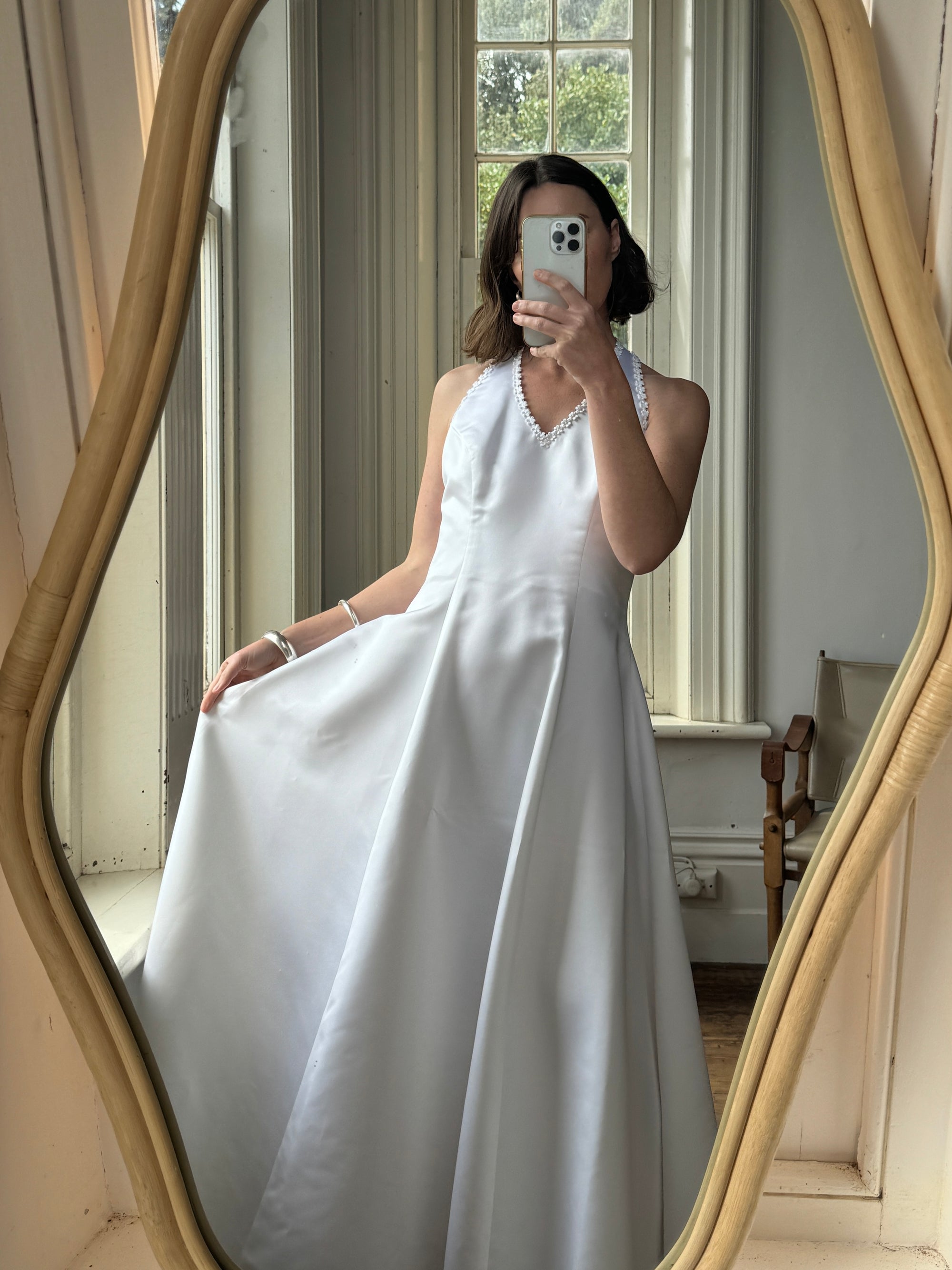 Vintage 90s Satin Halter Wedding Dress With Daisies
