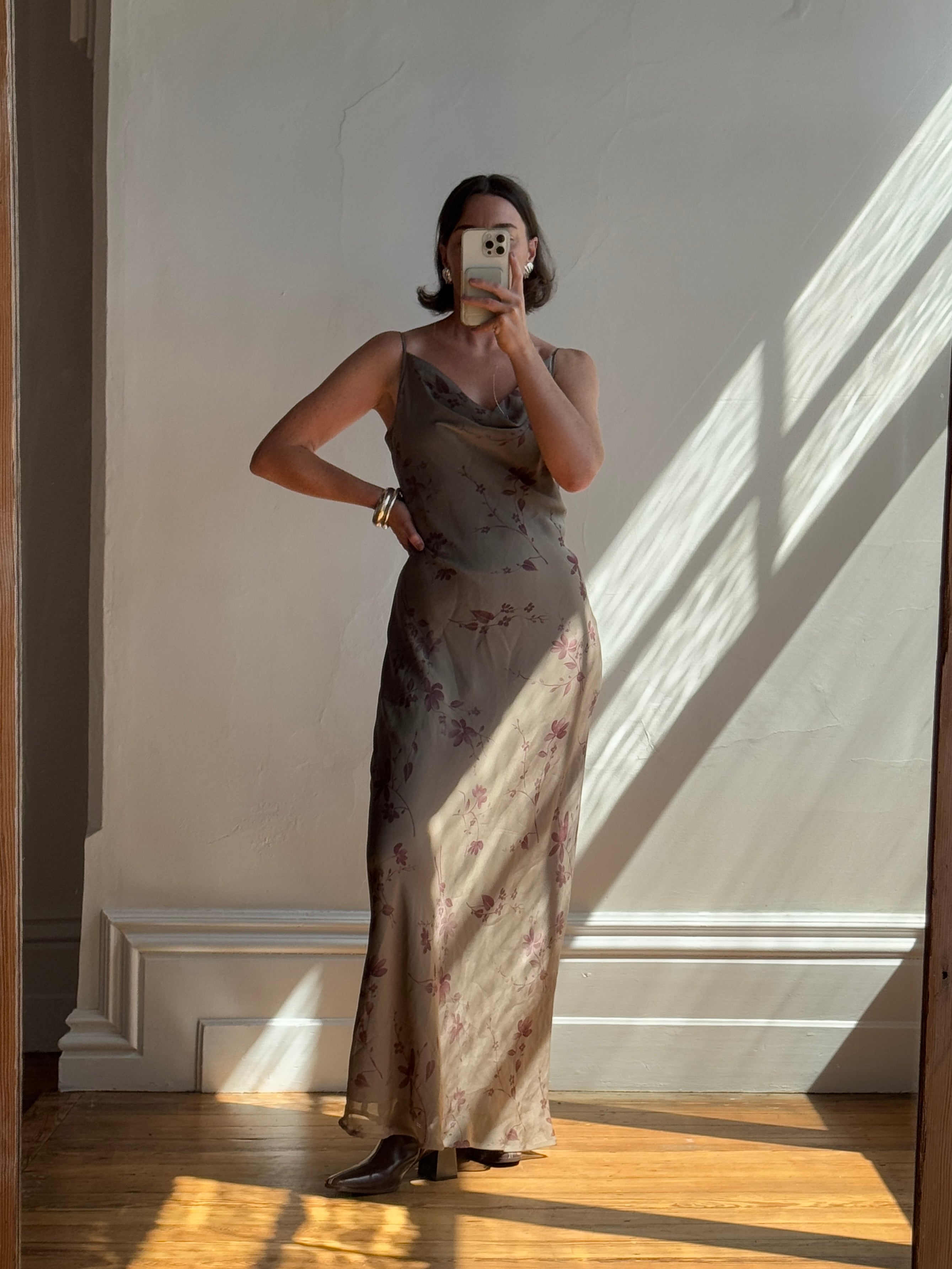 Vintage 90s Slate Floral Bias Cut Slip Dress