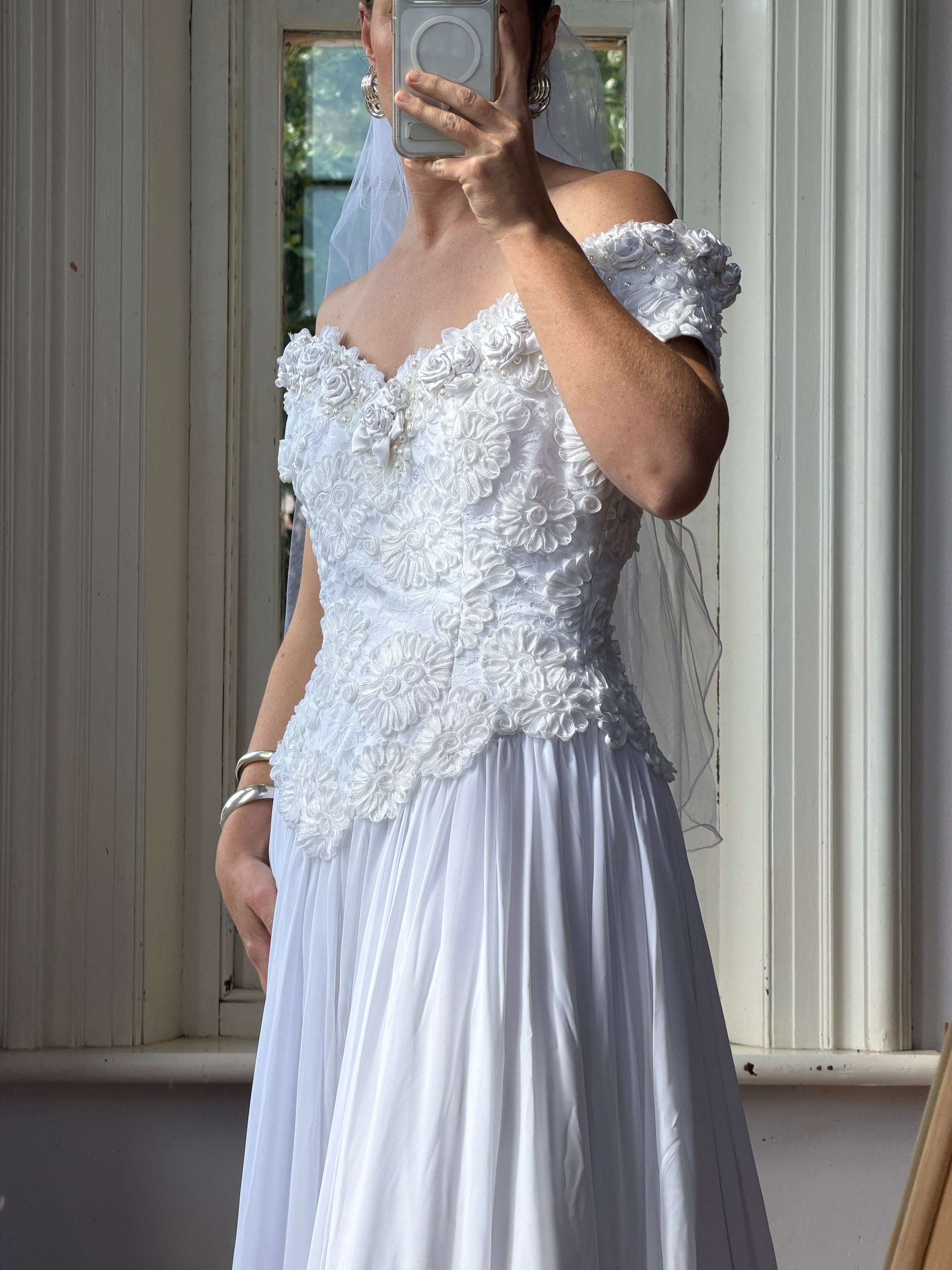 Vintage 80s 3D Floral Off Shoulder Bridal Gown and Veil