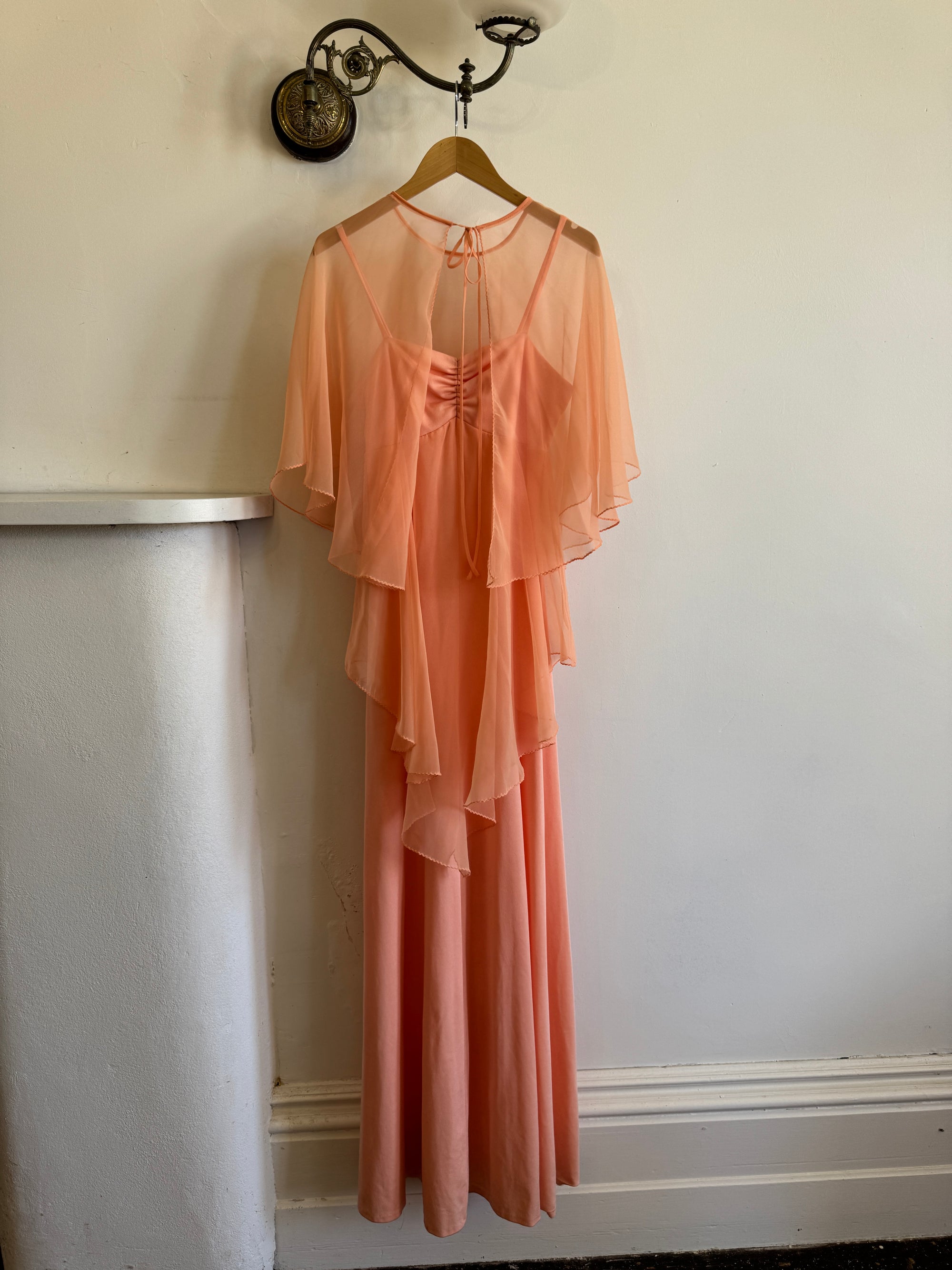 Vintage 70s Apricot Maxi Dress with Sheer Cape