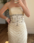 Vintage 90s Embroidered Waist Strapless Wedding Dress Creme