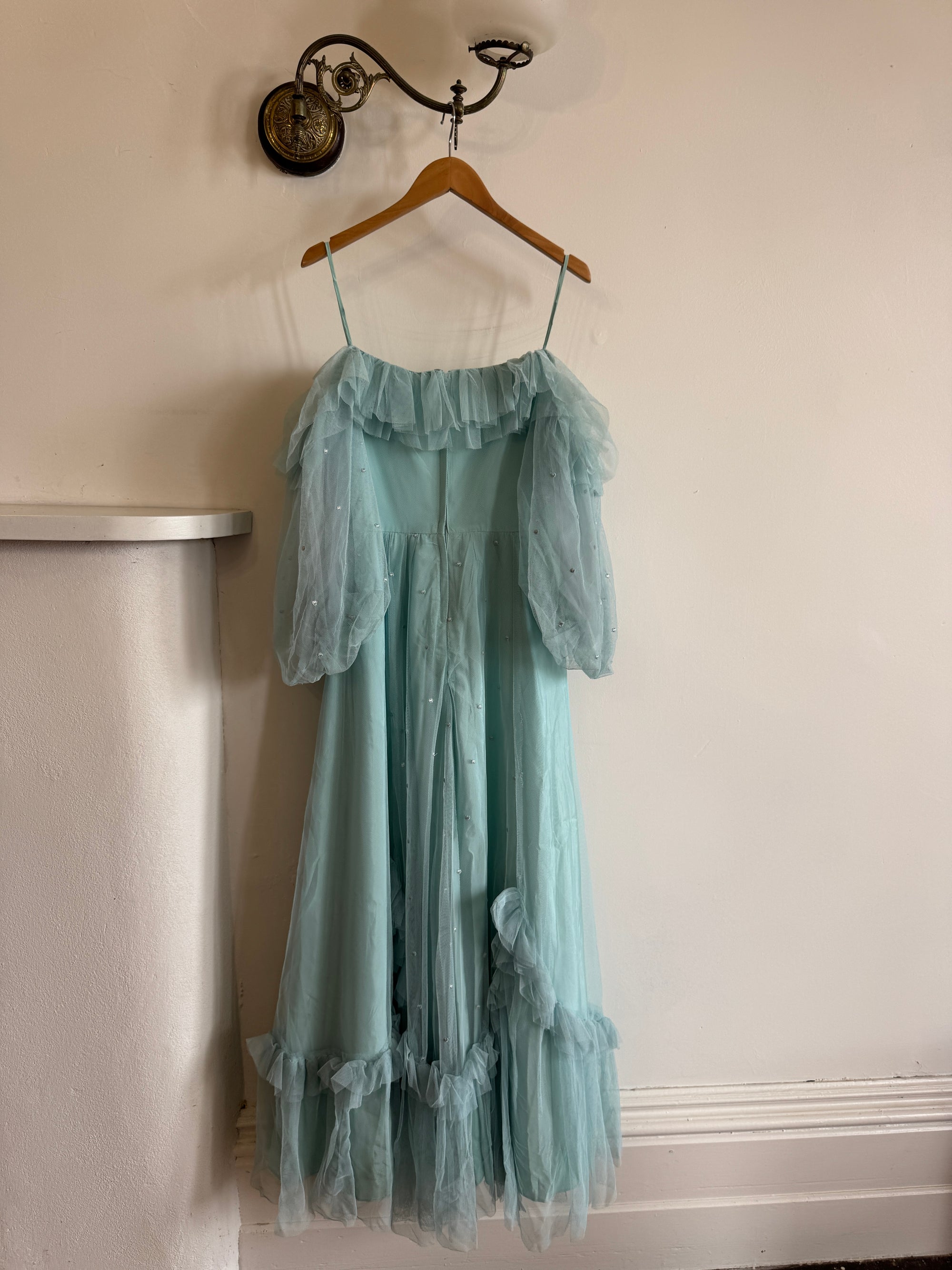 Vintage 80s Sky Blue Tulle Off Shoulder Party Dress