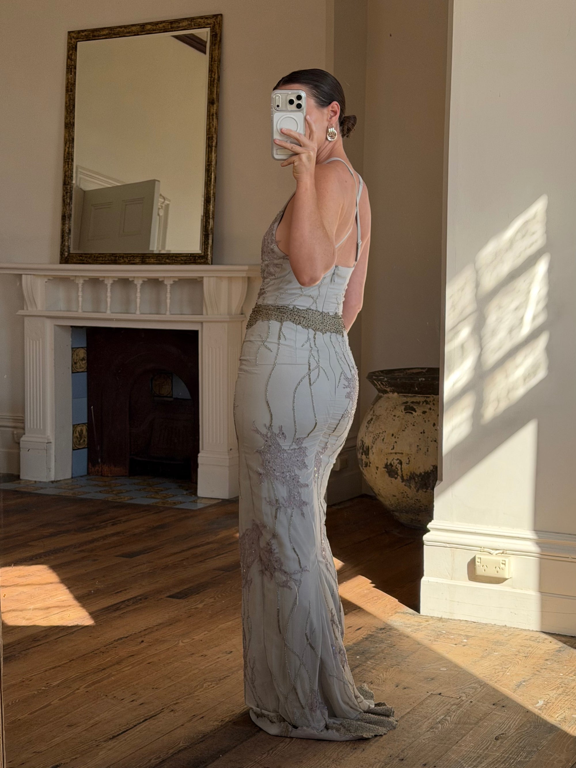 Vintage 90s Pure Silk High Front Embellished Lavender Gown