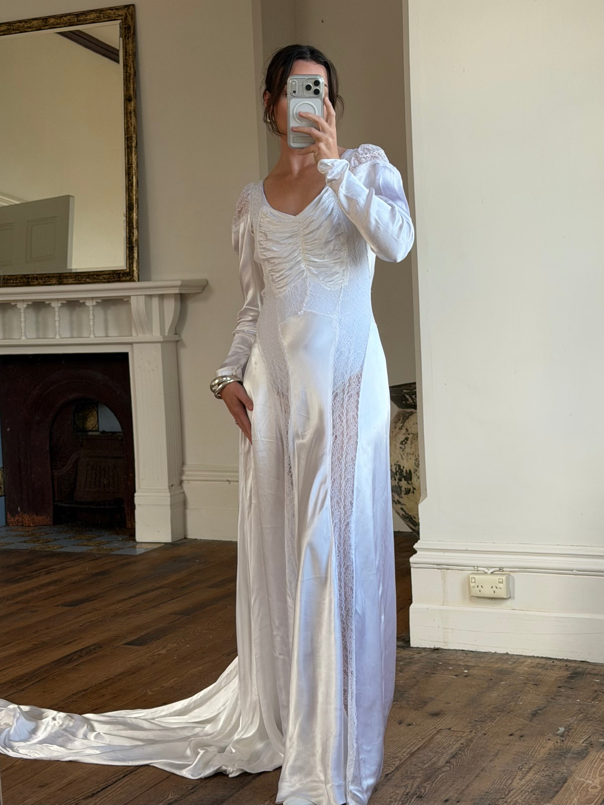 Vintage 40s Liquid Silk Satin Sheer Lace Wedding Gown