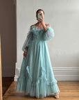 Vintage 80s Sky Blue Tulle Off Shoulder Party Dress