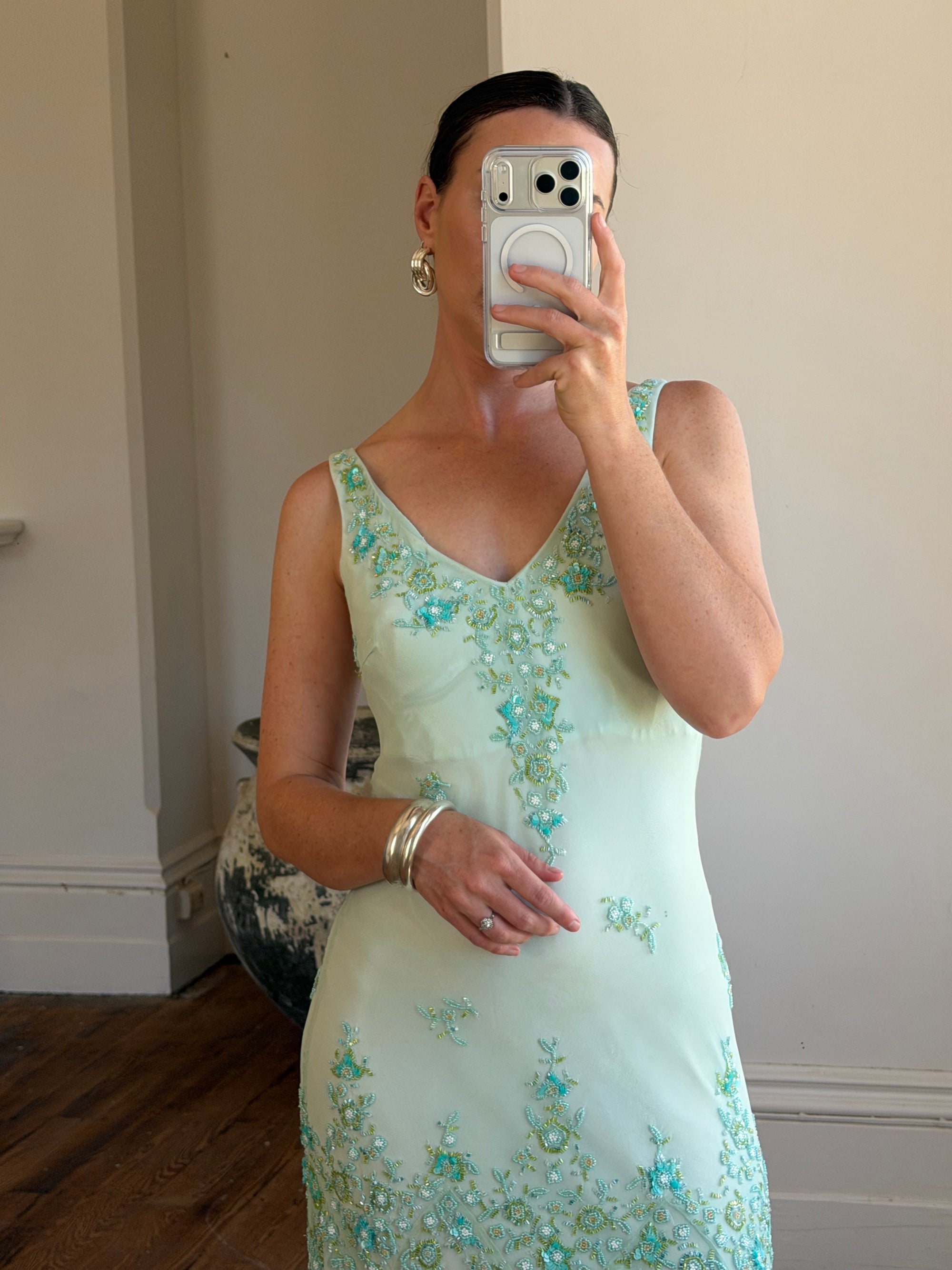 Vintage 90s Pure Silk Aquamarine Fairy Beaded Dress