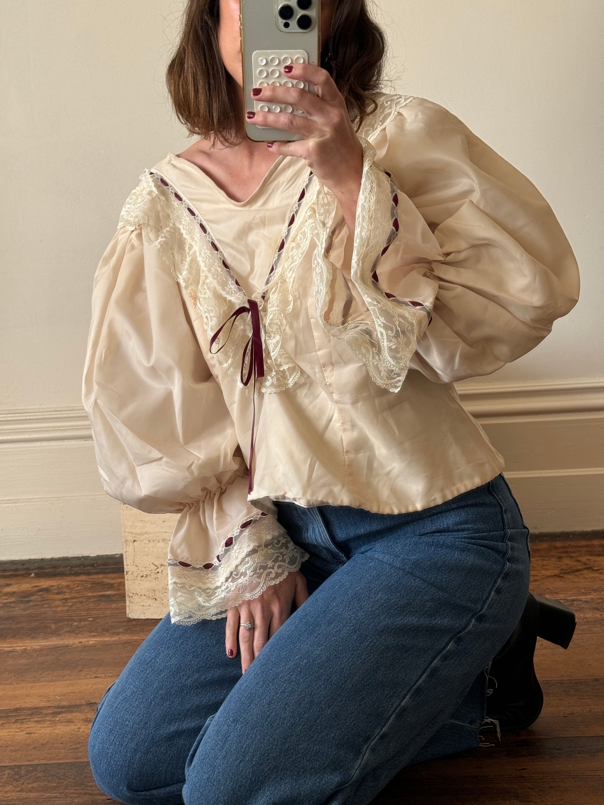 Vintage 80s Puff Sleeve Blouse with Cherry Ribbon