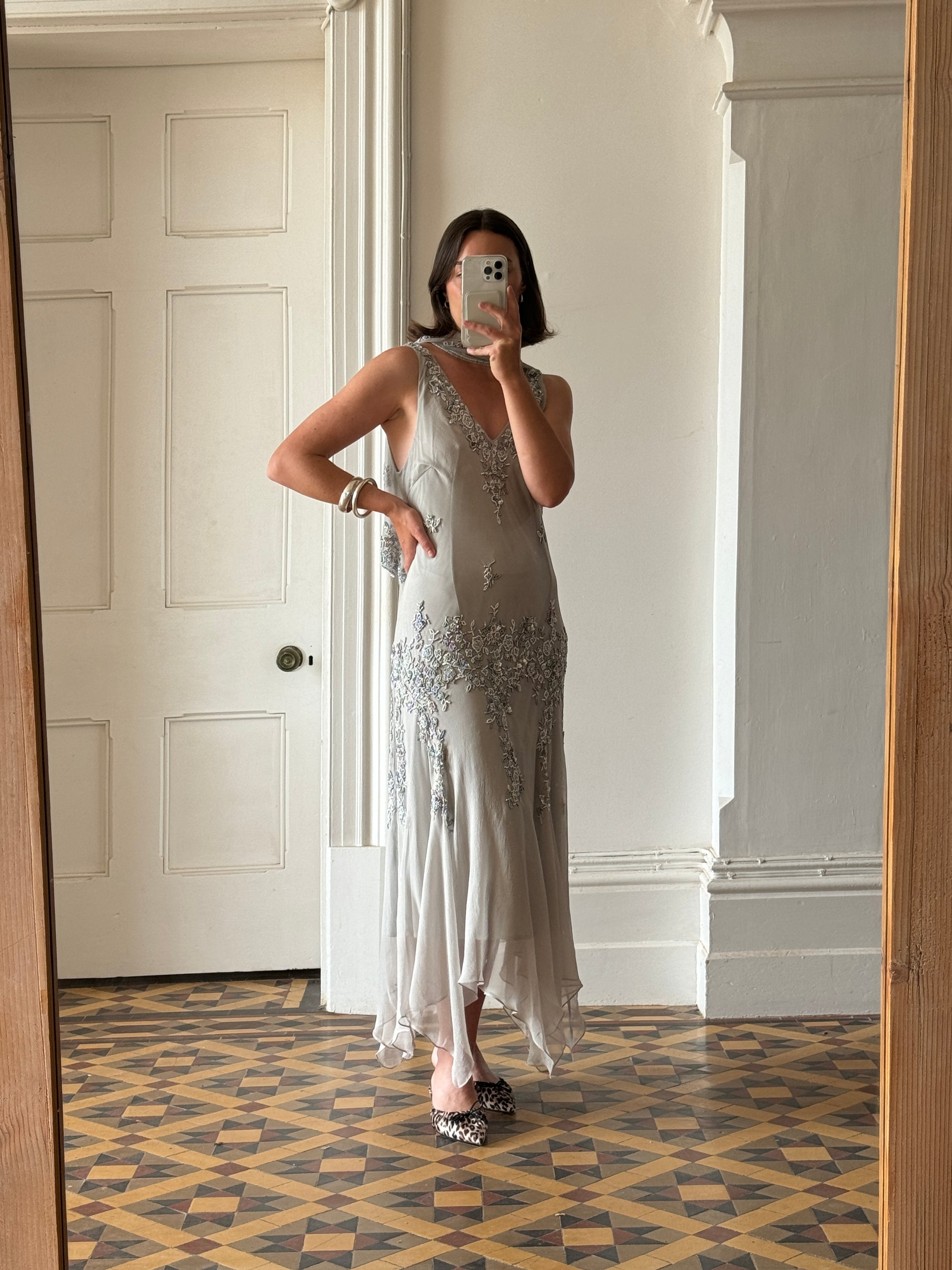 Vintage 90s Pure Silk Beaded V Neck Dress Light Grey
