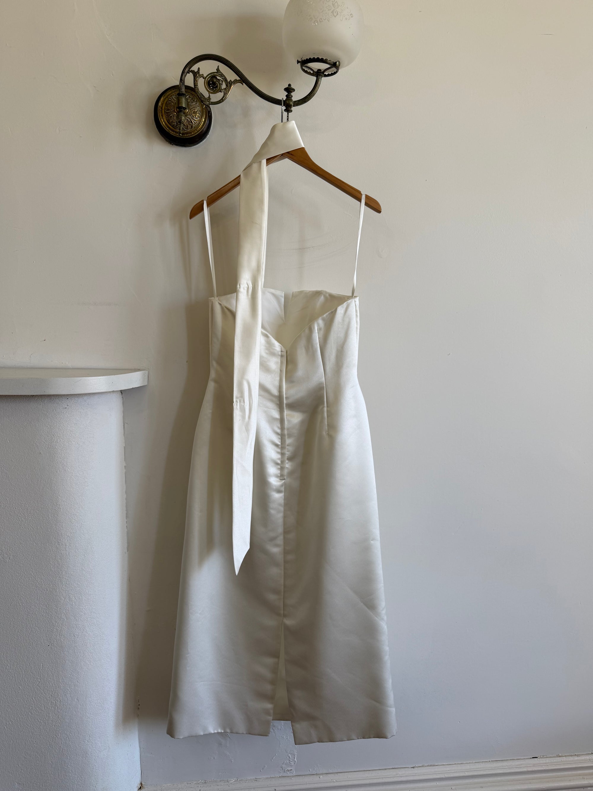 Vintage 90s Satin Strapless Bridal Midi With Neck Tie