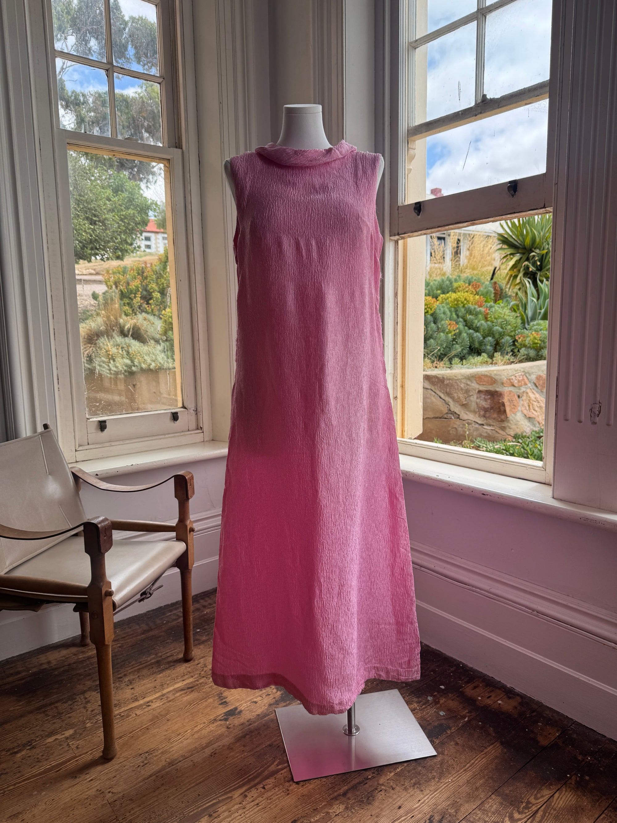 Vintage 80s Boat Neck Crinkle Dress Hot Pink