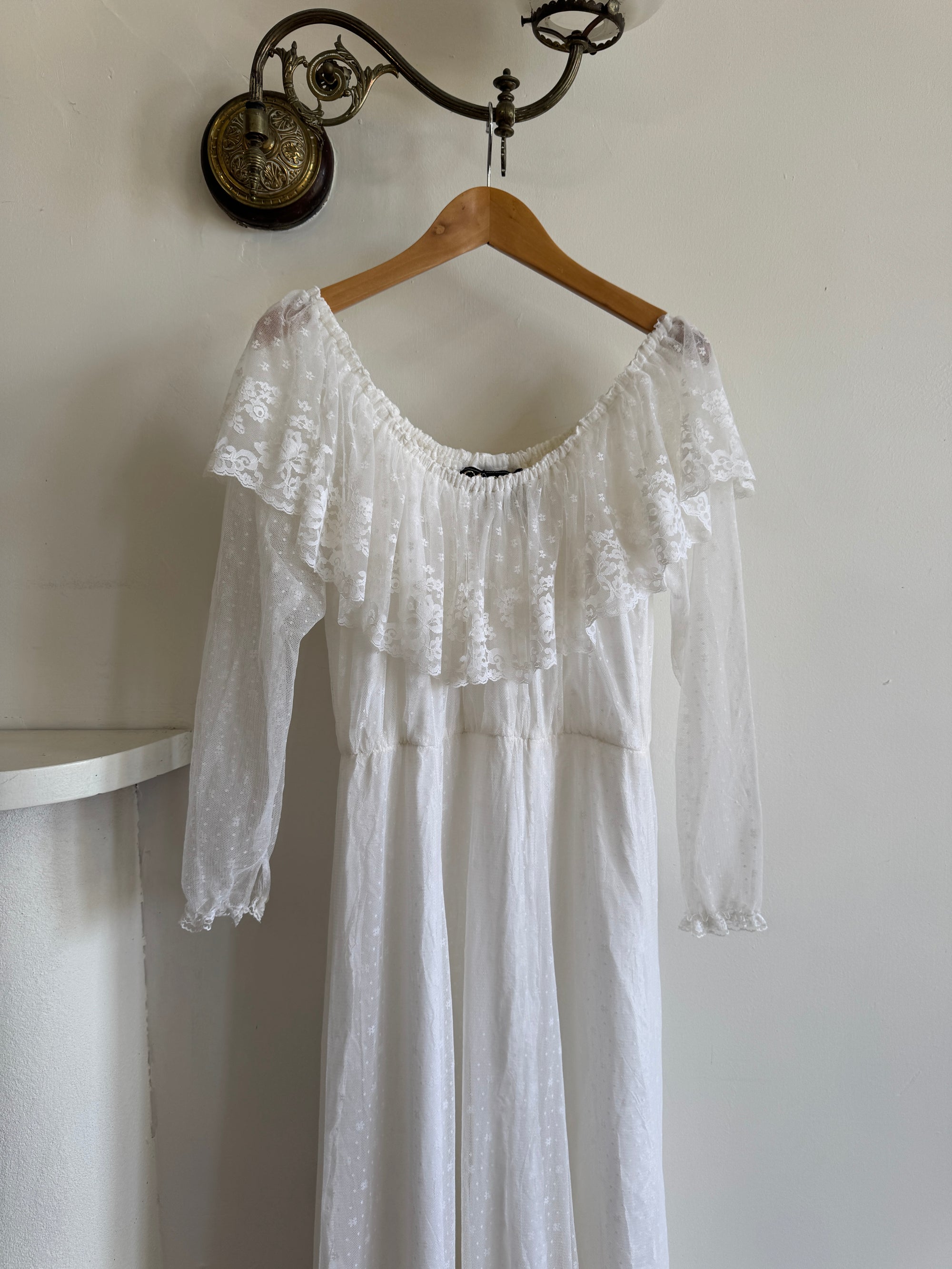 Vintage 70s Australian Made Off Lace Frill Wedding Gown