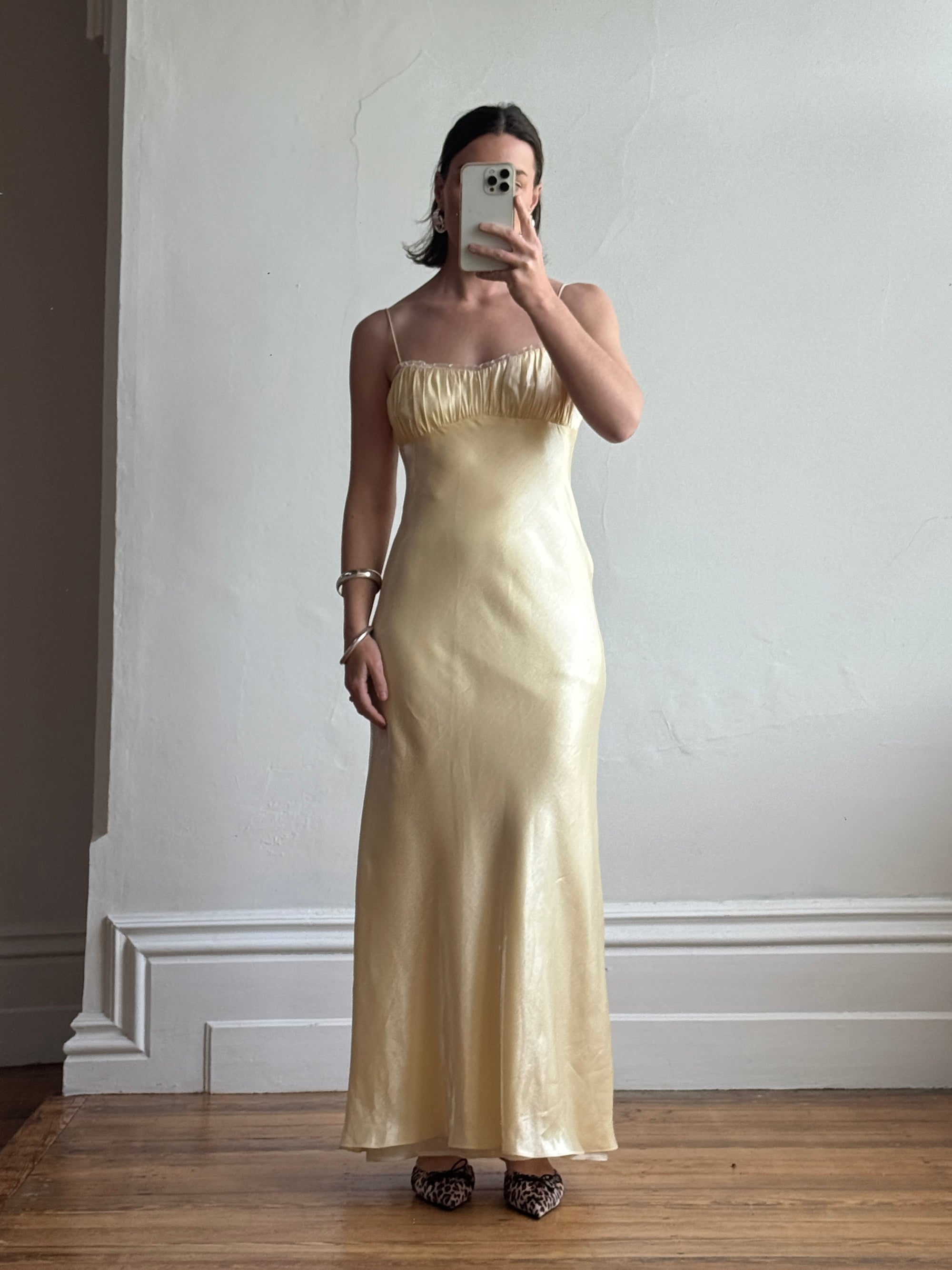 Vintage 90s Butter Yellow Organza Bias Slip Dress