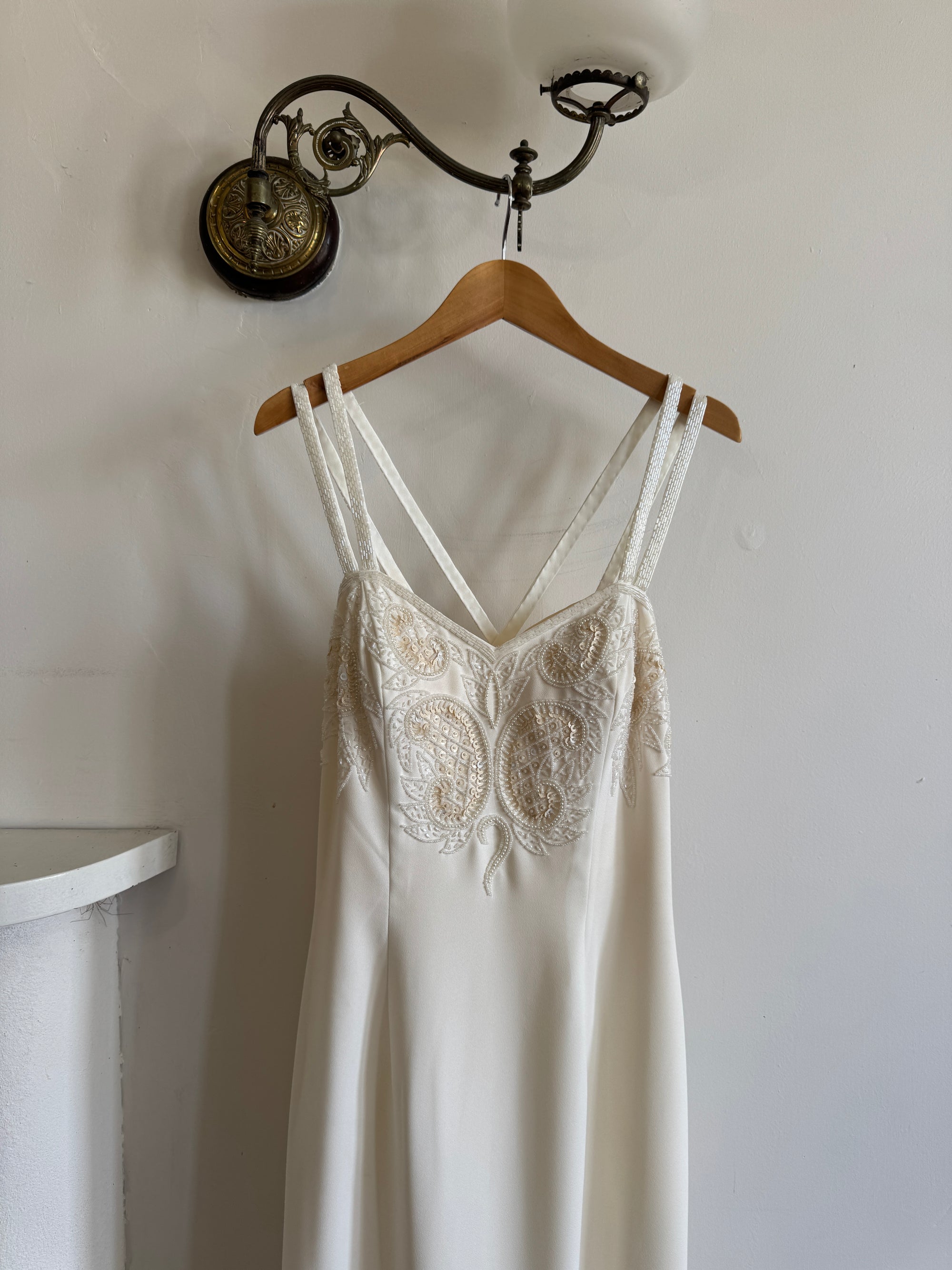Vintage 90s Crepe Beaded Column Bridal Slip