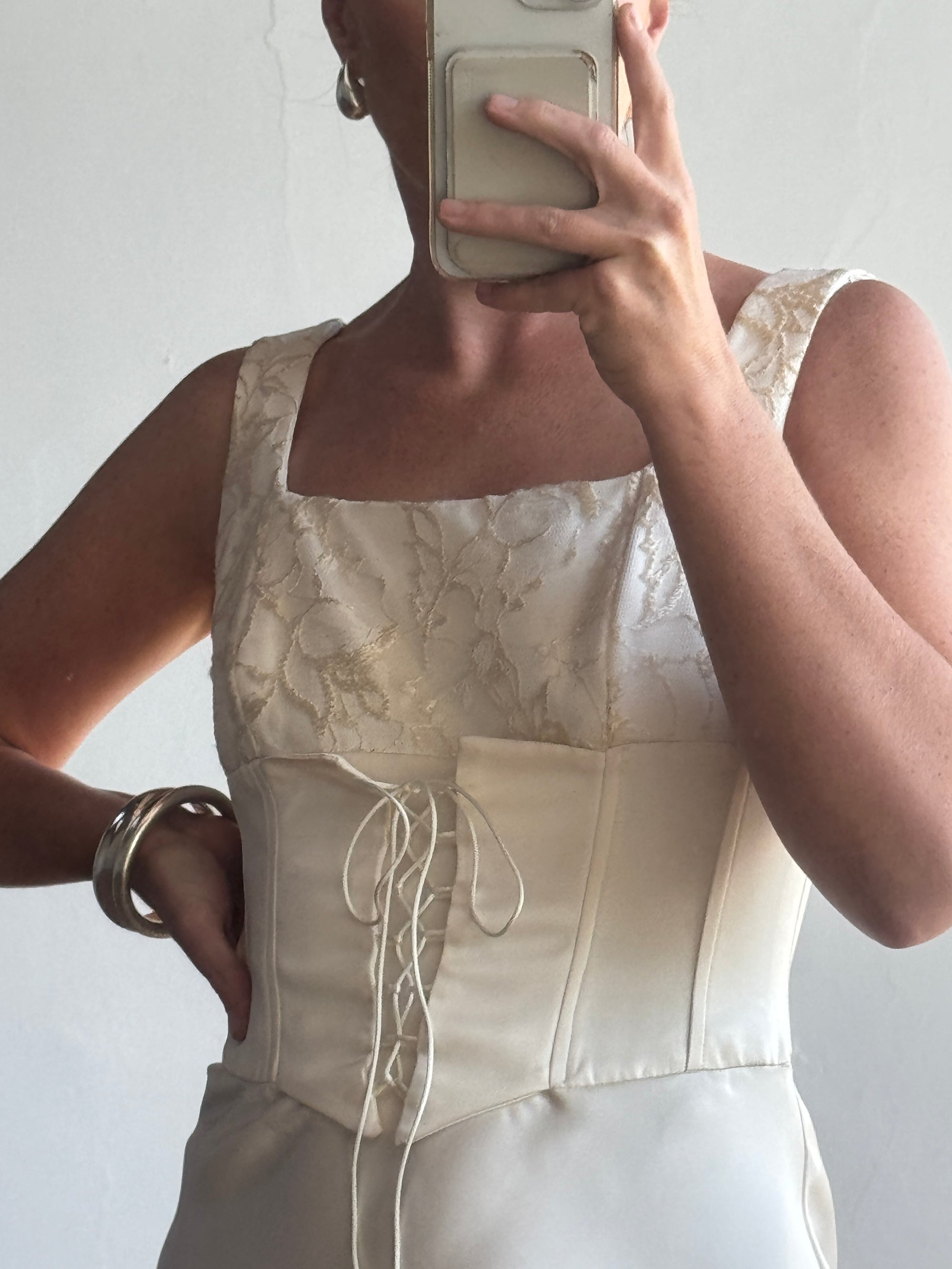 Vintage 90s Lace Up Waist Satin Column Wedding Dress
