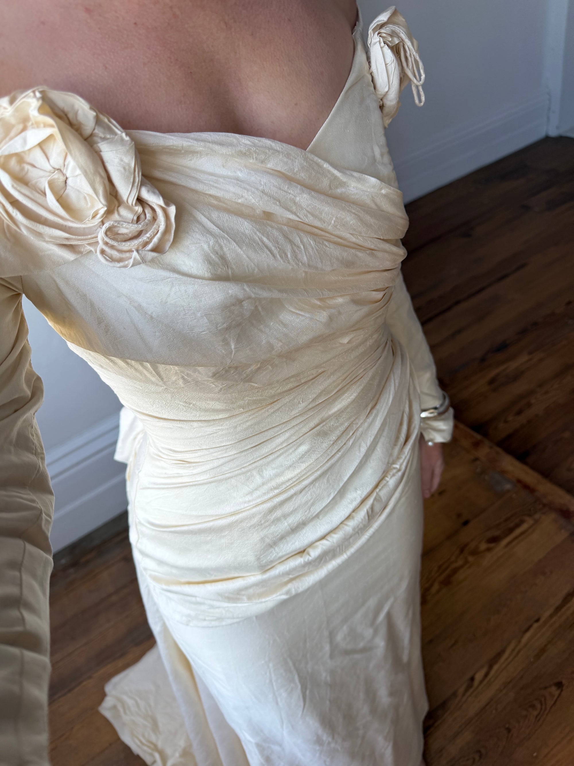 Vintage 90s Silk Rosette Off Shoulder Gown With Bow Train