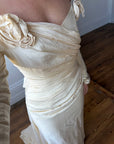 Vintage 90s Silk Rosette Off Shoulder Gown With Bow Train