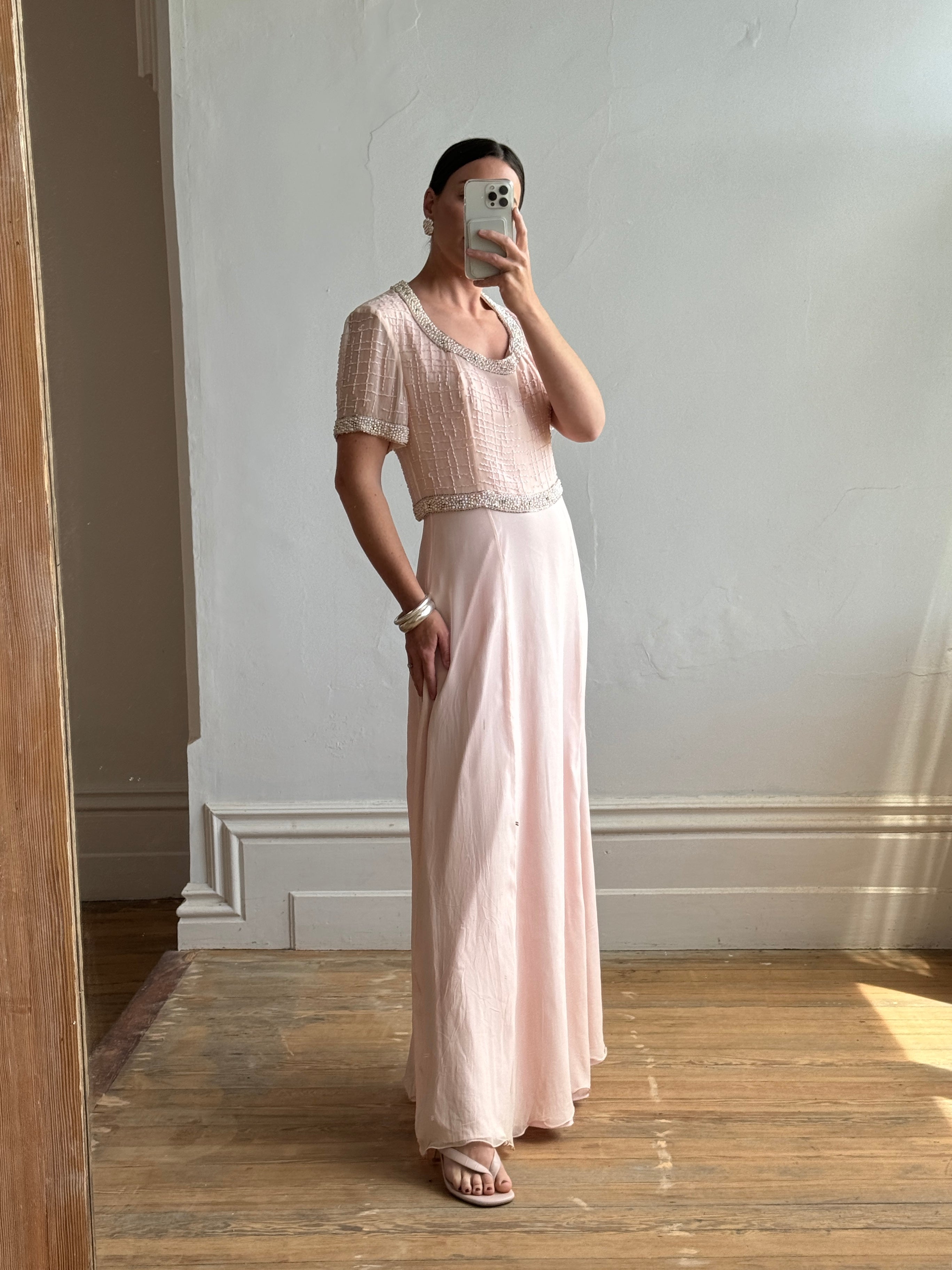 Vintage 80s Baby Pink Pure Silk Embellished Evening Gown