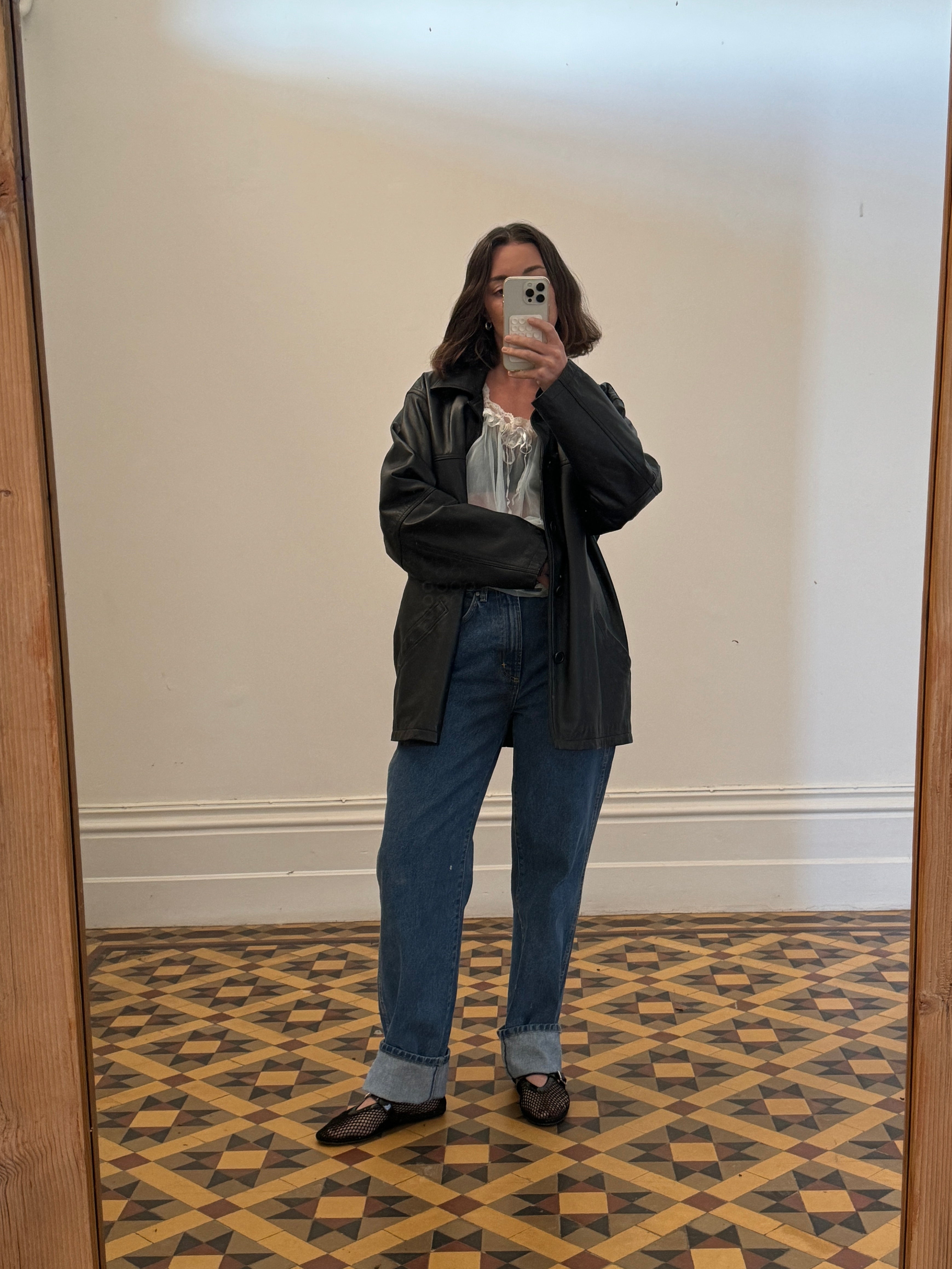 Vintage 90s Leather Short Trench Black