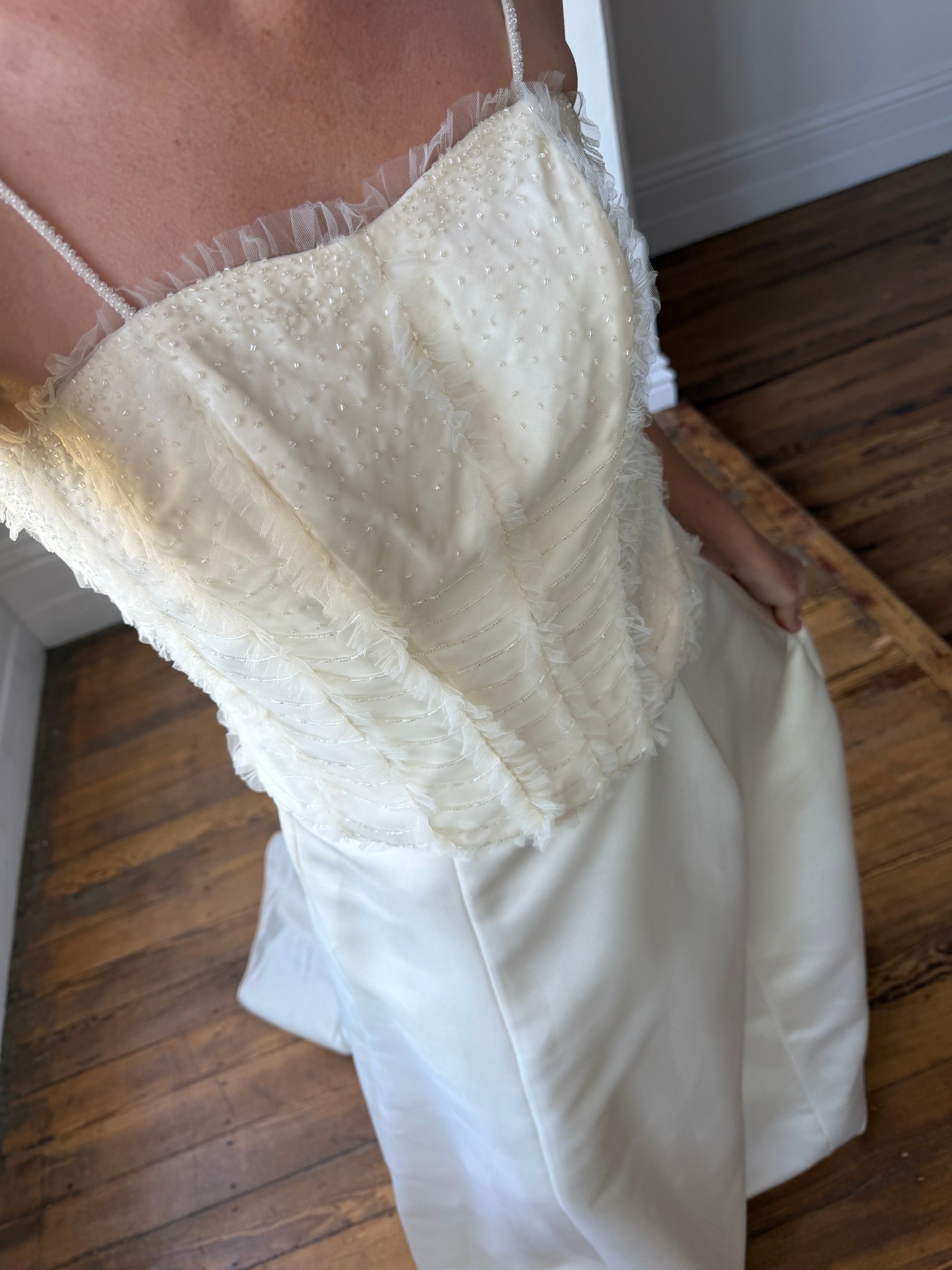 Vintage 90s Italian Bridal Fairy Tulle Embroidered Bustier and Satin Skirt