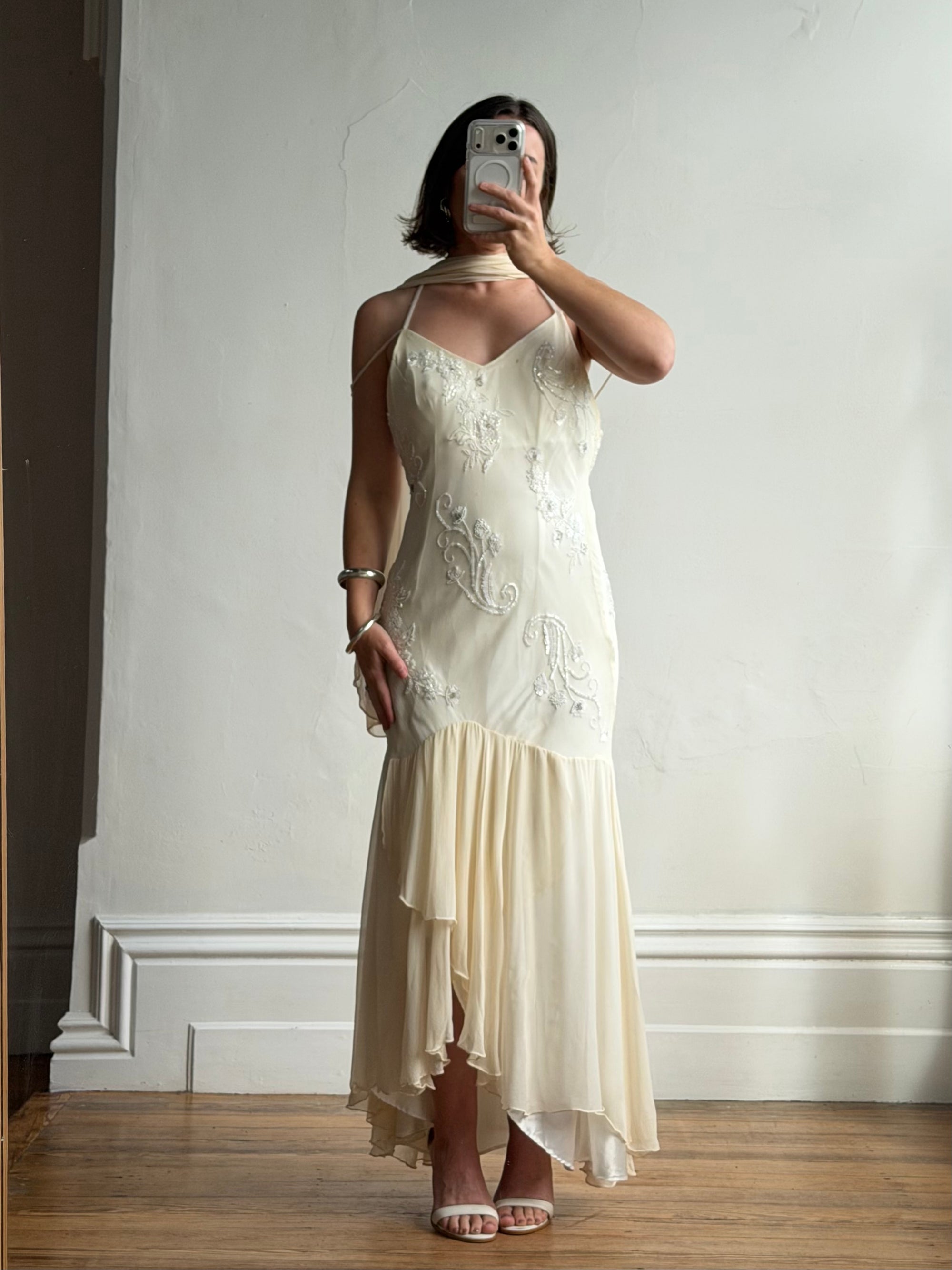 Vintage 90s Pure Silk Embellished Midi Dress With Scarf Creme