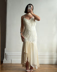 Vintage 90s Pure Silk Embellished Midi Dress With Scarf Creme