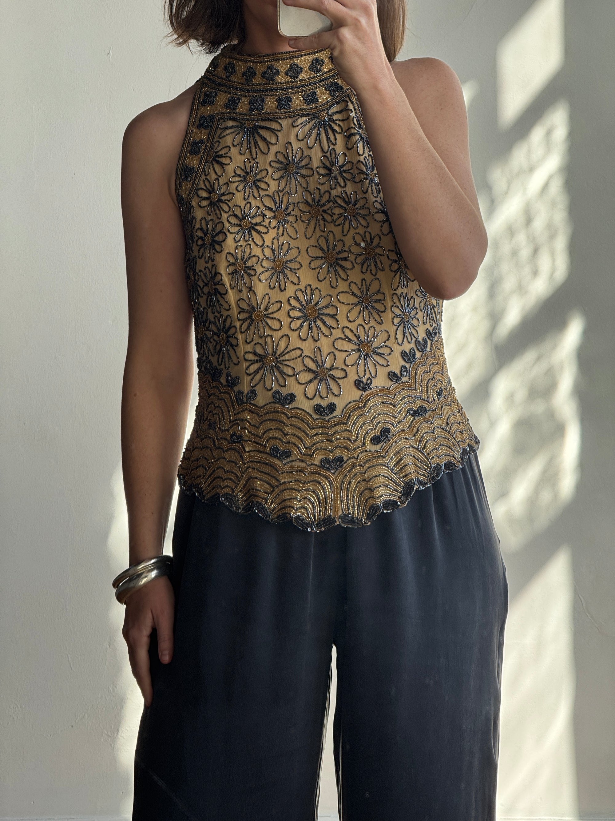 Vintage 90s Beaded Silk High Neck Top Golden Noir