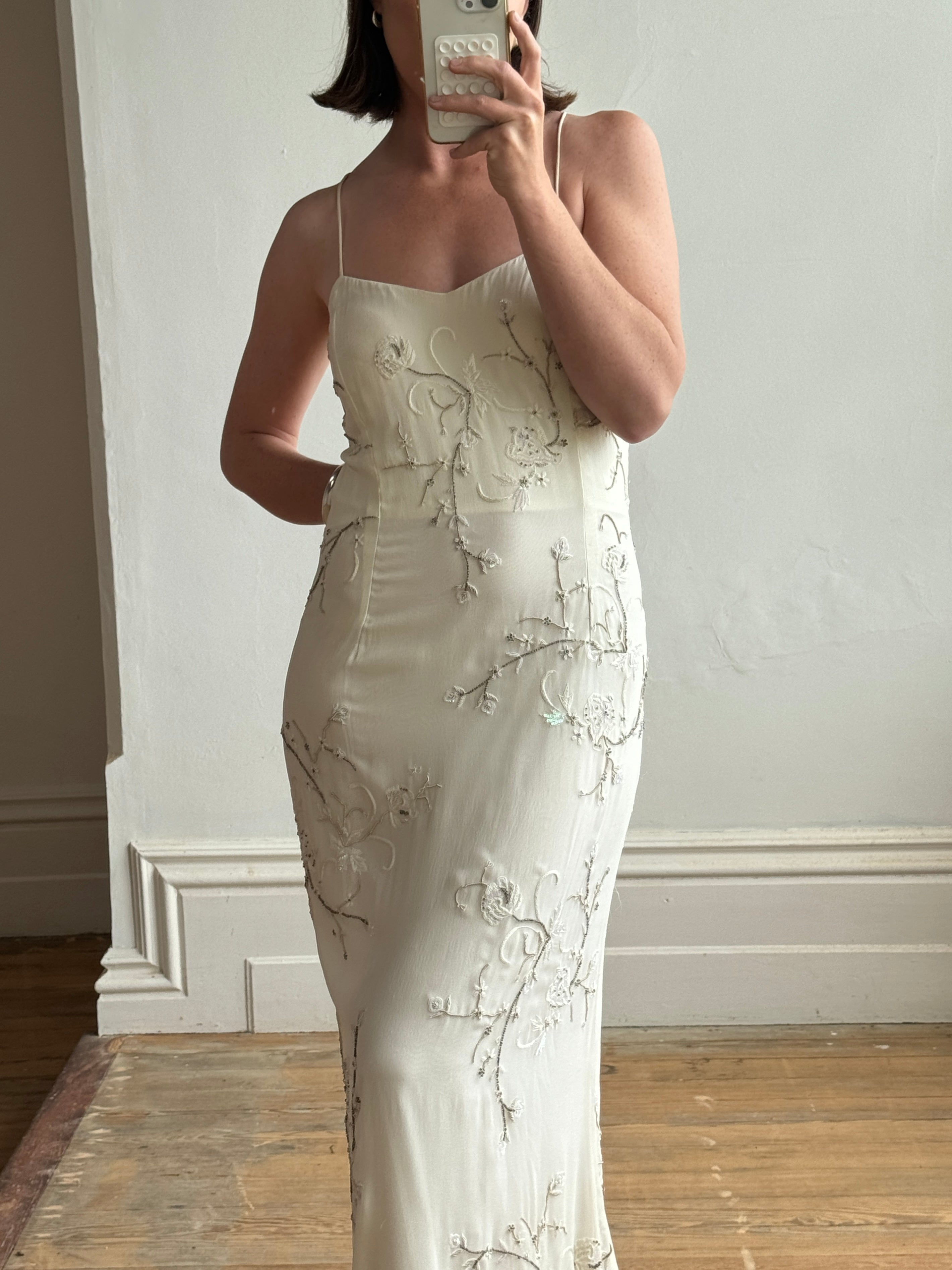 Vintage 90s Pure Silk Slip Embellished Gown