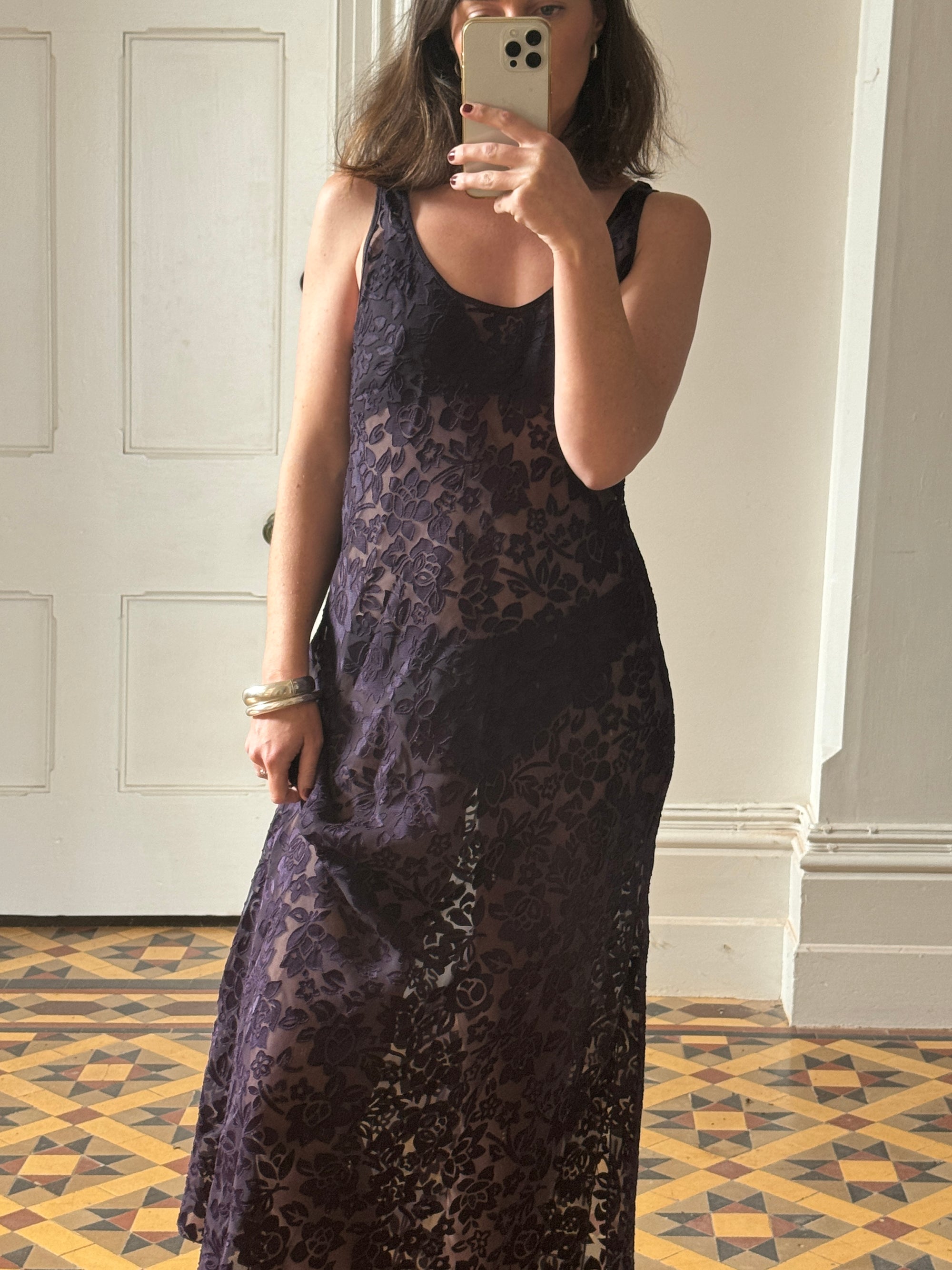 Vintage 90s Burnt Velvet Sheer Slip Dress Eggplant