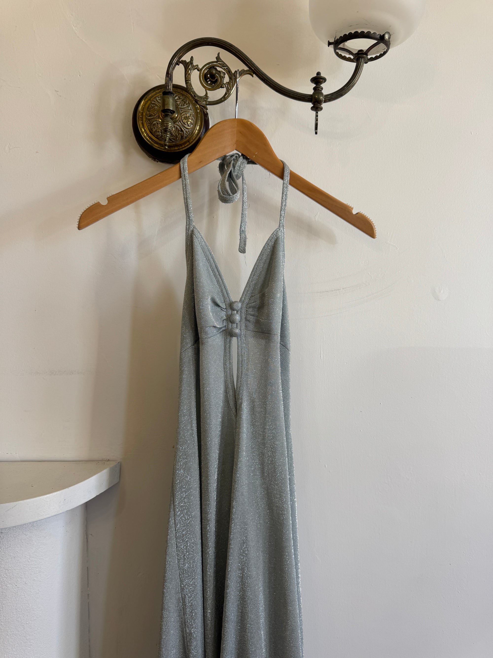 Vintage 70s Lurex Ice Blue Halter Maxi Dress