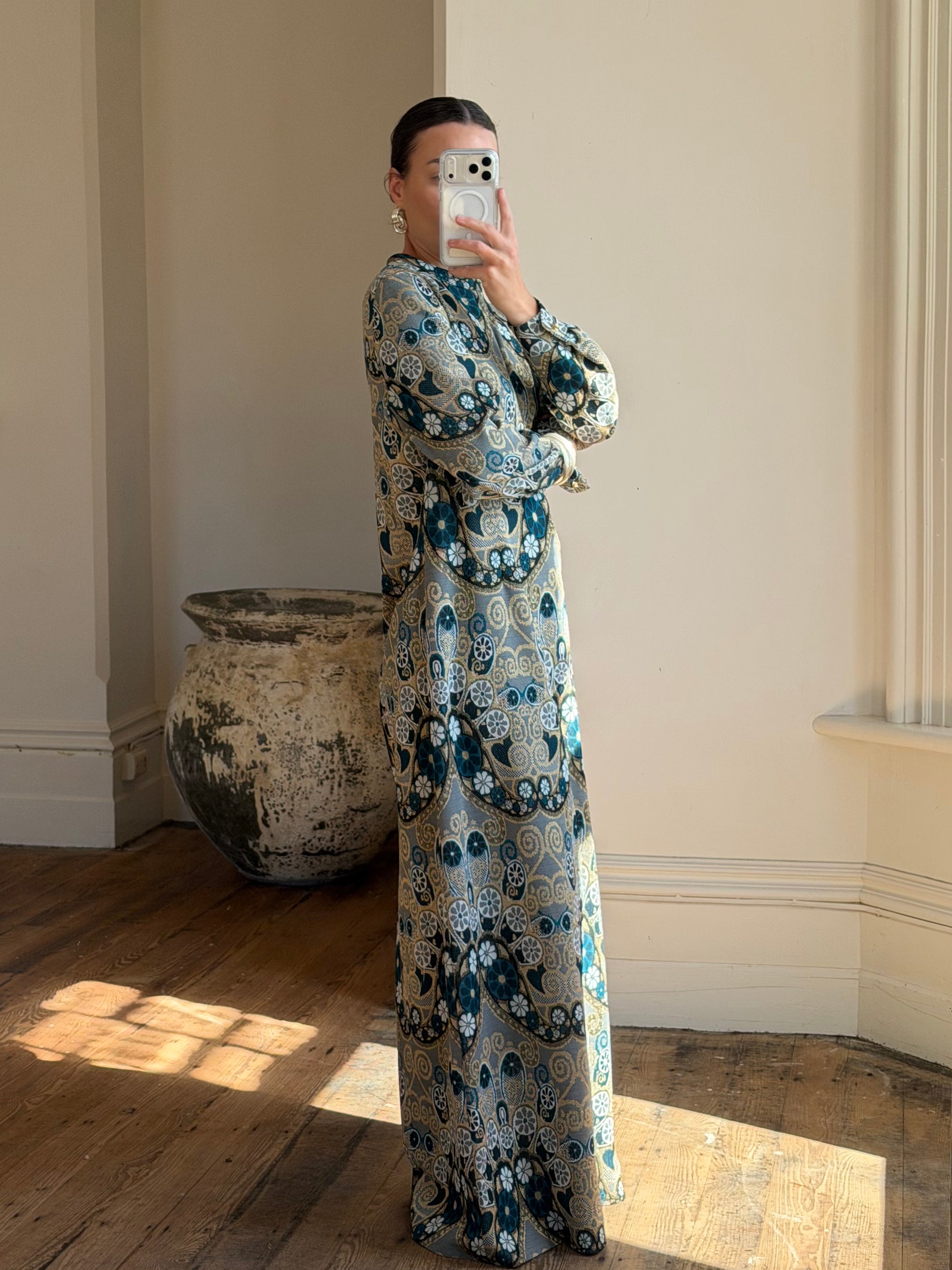 Vintage 70s Paisley Tapestry Long Sleeved Maxi Dress Blue