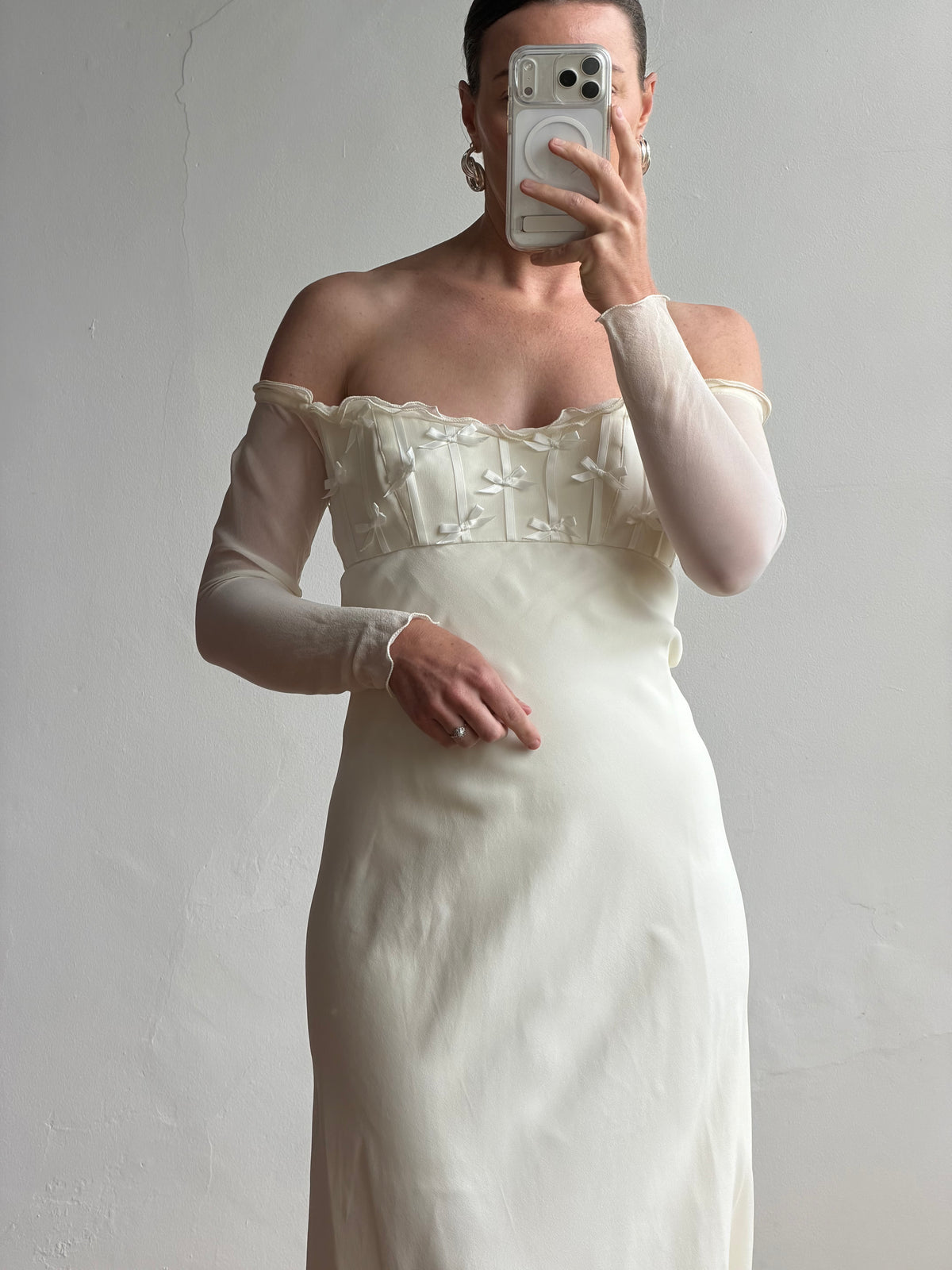 Vintage 90s Pure Silk Chiffon Empire Bow Off Shoulder Wedding Dress